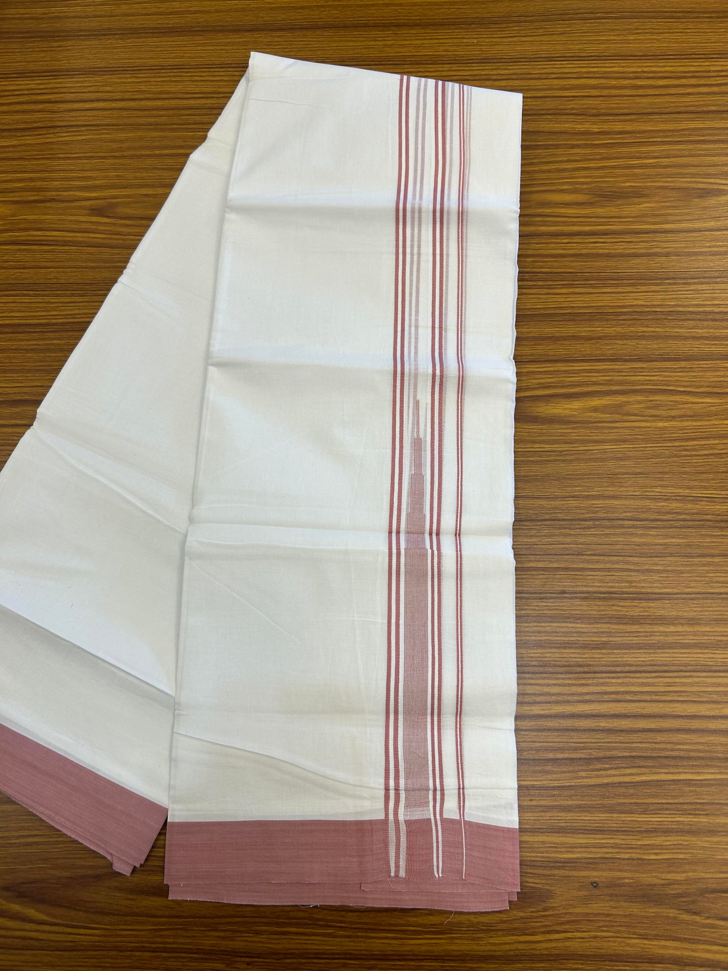 20% Discount ! Kaitharikada Balaramapuram 100% Pure Cotton Double Pure White Mundu/Dhoti - 100x80 - 1.5 inch Dusty Pink striped Temple chutty 3.90 mtr (8.5 muzham) - 101 KK5361 PMC