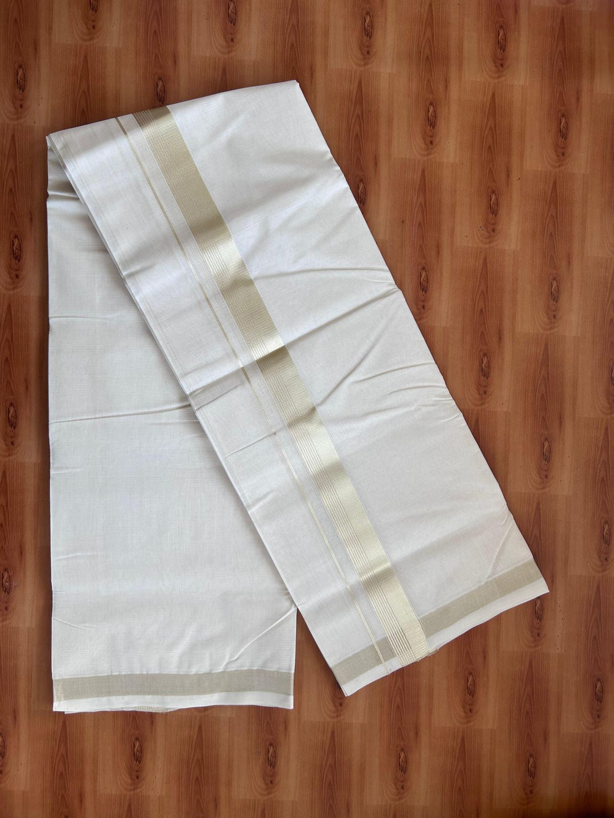 Off White (Unbleached) Double Mundu/Dhoti - 25% Discount! KaithariKada Handloom Millpaav - Kerala Handloom - 100% Pure Cotton - 80x90 - 1.5 inch Antique Light Gold Kasav striped Kara 4 Meters (8.5 Muzham) - 2 KK5512 RAM