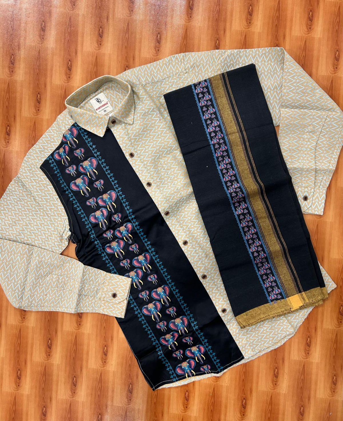 Combo Shirt Single Lungi - SIZE : M / 38 Full Sleeve - Mixed cotton - Sand Brown Turquoise Pattern 1 inch Sand Brown Kara & Printed Elephant - 2 KK7053 KUT