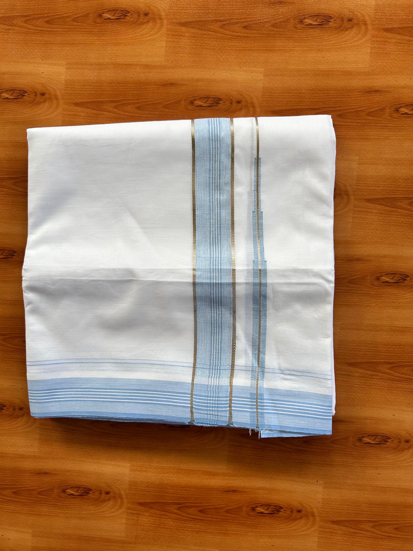 Pure white Double Mundu/Dhoti - 20% Discount! KaithariKada 100% Cotton - 100X80 - 1.25 inch Silver Kasav Light Sky Blue Shaded Stripes Chutty Kara - 3.90 mtr (8.5 muzham) - 17 KK5448 VIN