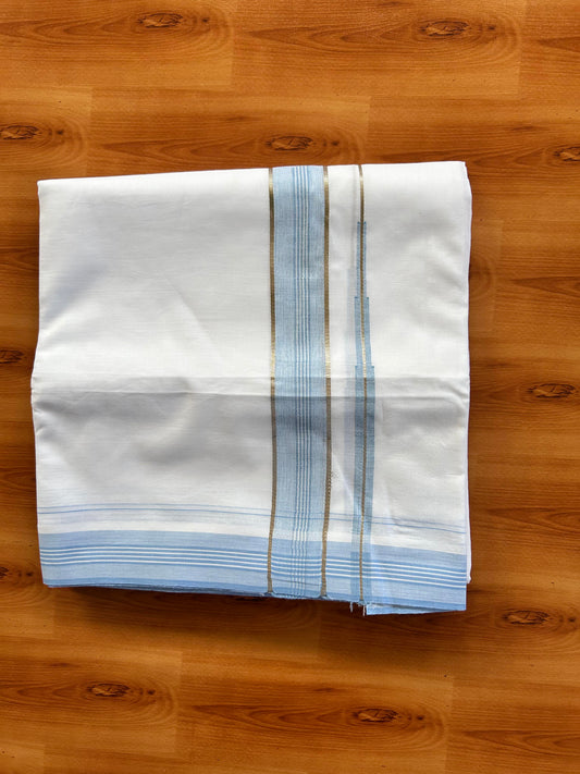 Pure white Double Mundu/Dhoti - 20% Discount! KaithariKada 100% Cotton - 100X80 - 1.25 inch Silver Kasav Light Sky Blue Shaded Stripes Chutty Kara - 3.90 mtr (8.5 muzham) - 17 KK5448 VIN