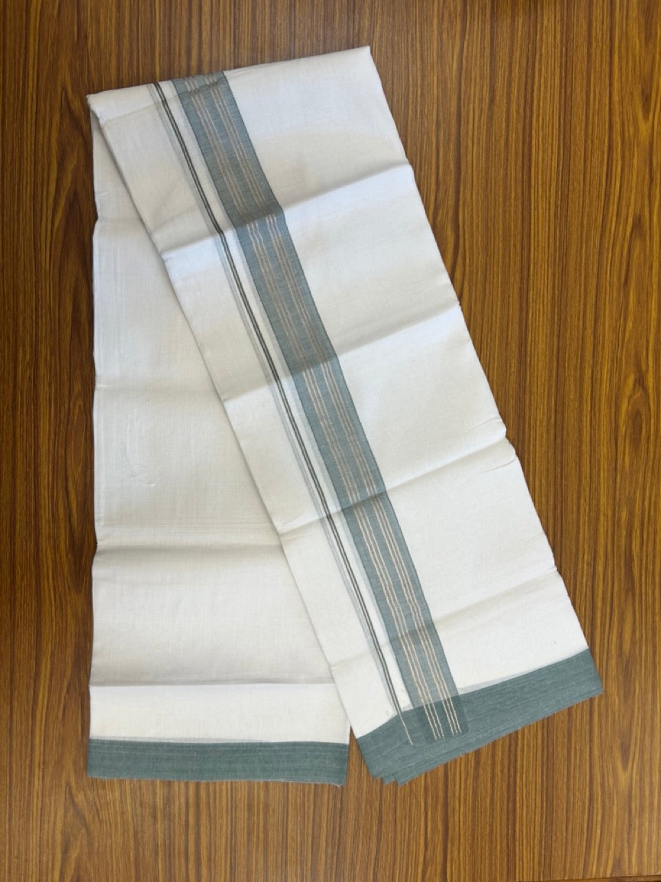 Linen Dhoti New! 20% Discount from Kaitharikada.com - Double Mundu/Dhoti 80x90 Thread Pure White - Pure Cotton + Linen - 1.75 Inch Light Sea Green & Silver Kasav Striped Kara 4 mtr (8.5 muzham) - 11 KK5299 THI