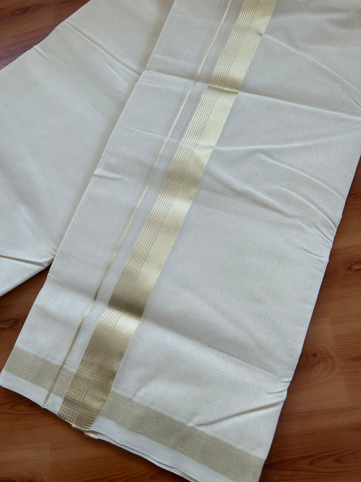 Off White (Unbleached) Double Mundu/Dhoti - 25% Discount! KaithariKada Handloom Millpaav - Kerala Handloom - 100% Pure Cotton - 80x90 - 1.5 inch Antique Light Gold Kasav striped Kara 4 Meters (8.5 Muzham) - 2 KK5512 RAM