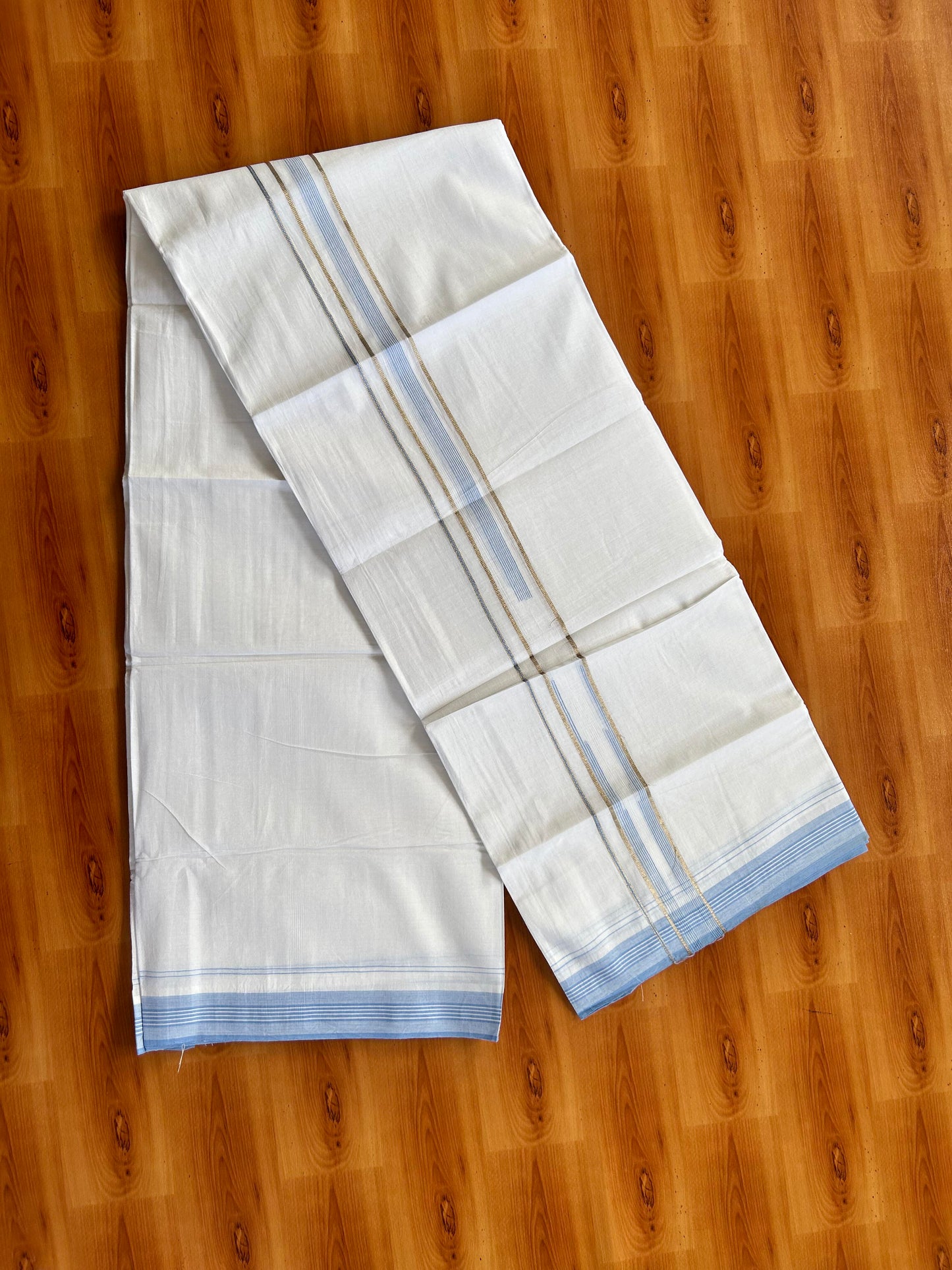 Pure white Double Mundu/Dhoti - 20% Discount! KaithariKada 100% Cotton - 100X80 - 1.25 inch Silver Kasav Light Sky Blue Stripes Chutty Kara - 3.90 mtr (8.5 muzham) - 18 KK5448 VIN