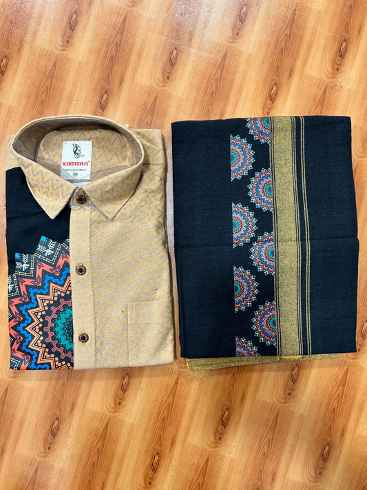 Combo Shirt Single Lungi - SIZE : M / 38 Full Sleeve - Mixed cotton - Brown Black Ash Pattern Shirt with 1 inch Sand Brown Kara & Printed Lungi - 3 KK7053 KUT
