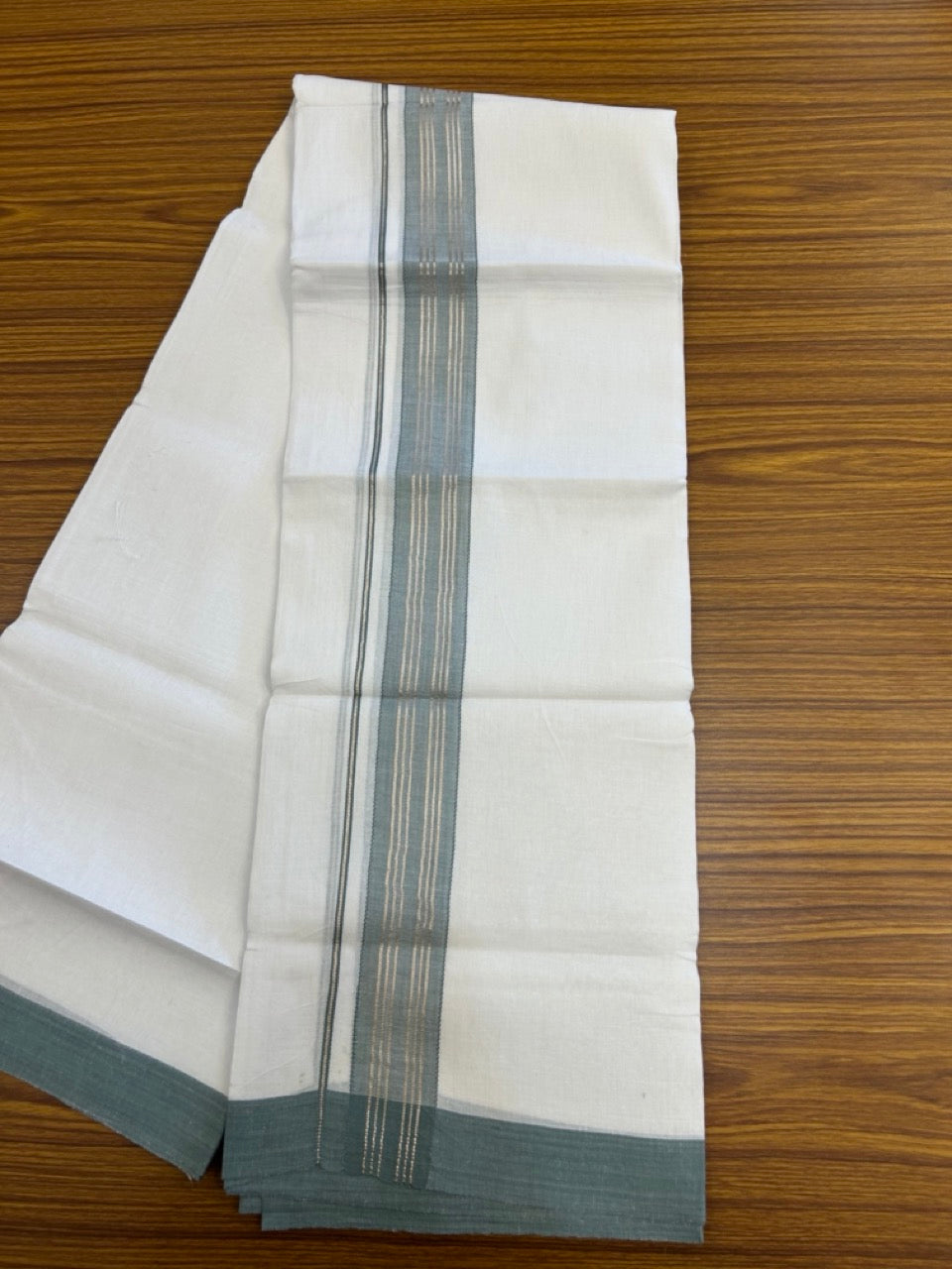 Linen Dhoti New! 20% Discount from Kaitharikada.com - Double Mundu/Dhoti 80x90 Thread Pure White - Pure Cotton + Linen - 1.75 Inch Light Sea Green & Silver Kasav Striped Kara 4 mtr (8.5 muzham) - 11 KK5299 THI
