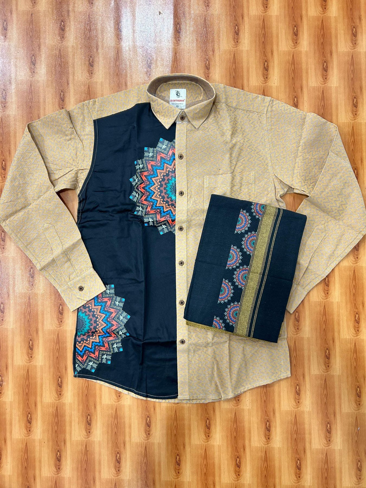 Combo Shirt Single Lungi - SIZE : M / 38 Full Sleeve - Mixed cotton - Brown Black Ash Pattern Shirt with 1 inch Sand Brown Kara & Printed Lungi - 3 KK7053 KUT