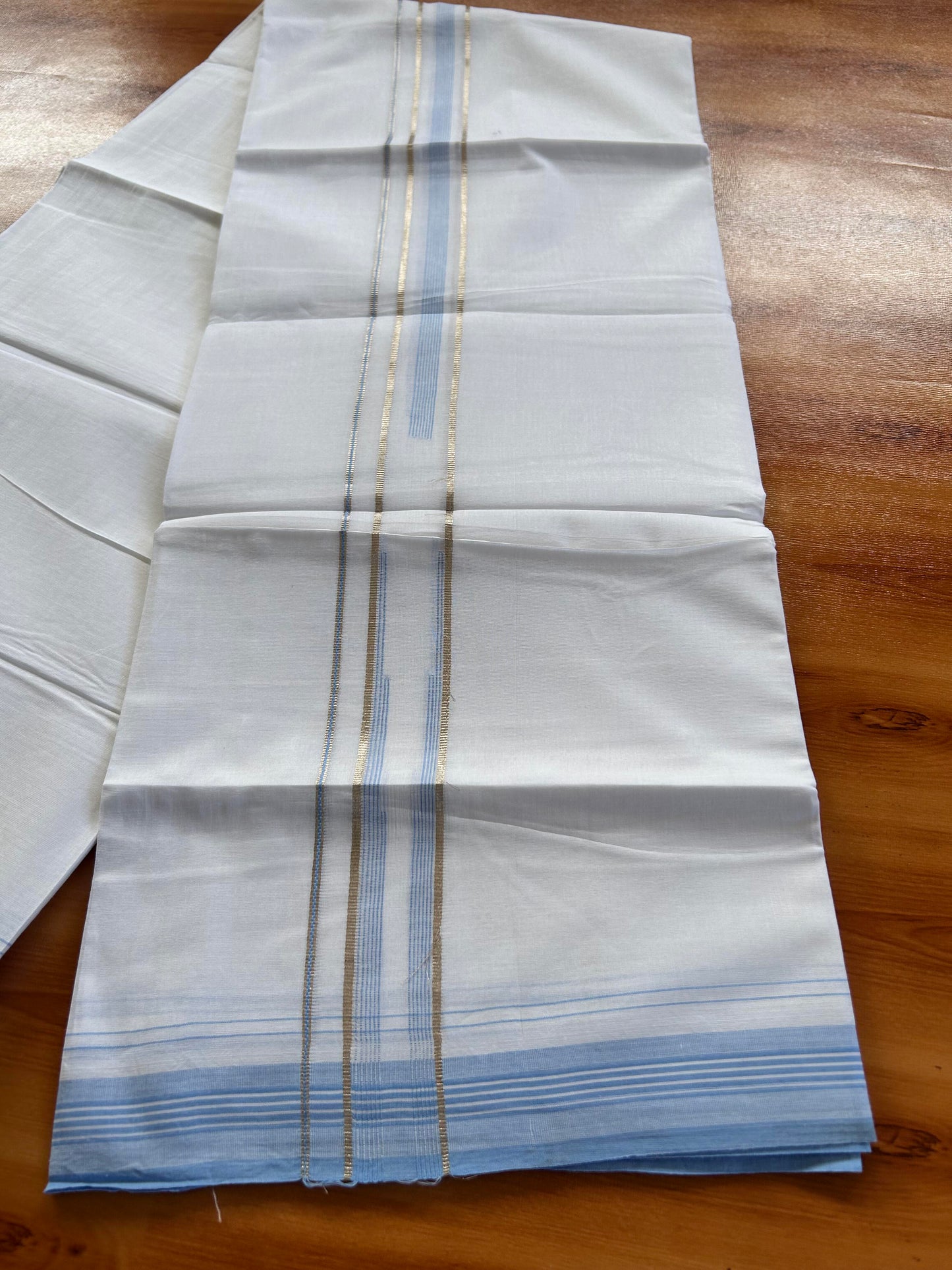 Pure white Double Mundu/Dhoti - 20% Discount! KaithariKada 100% Cotton - 100X80 - 1.25 inch Silver Kasav Light Sky Blue Stripes Chutty Kara - 3.90 mtr (8.5 muzham) - 18 KK5448 VIN