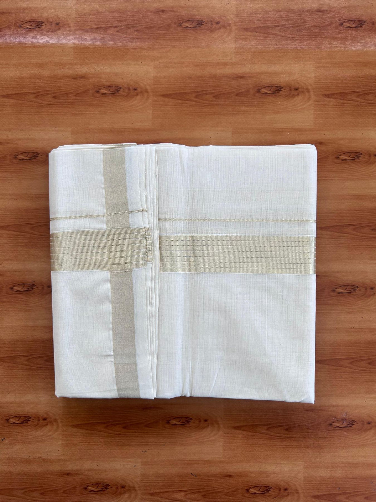 Off White (Unbleached) Double Mundu/Dhoti - 25% Discount! KaithariKada Handloom Millpaav - Kerala Handloom - 100% Pure Cotton - 80x90 - 1.5 inch Antique Light Gold Kasav striped Kara 4 Meters (8.5 Muzham) - 3 KK5512 RAM