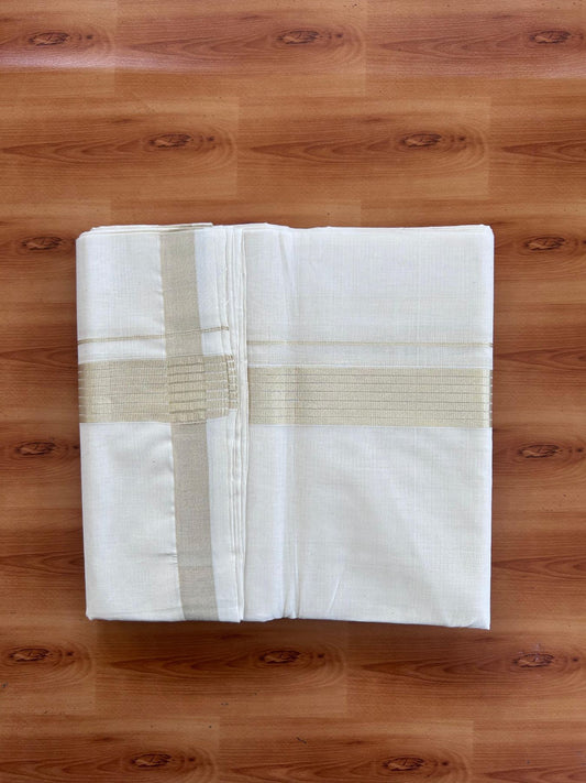 Off White (Unbleached) Double Mundu/Dhoti - 25% Discount! KaithariKada Handloom Millpaav - Kerala Handloom - 100% Pure Cotton - 80x90 - 1.5 inch Antique Light Gold Kasav striped Kara 4 Meters (8.5 Muzham) - 3 KK5512 RAM