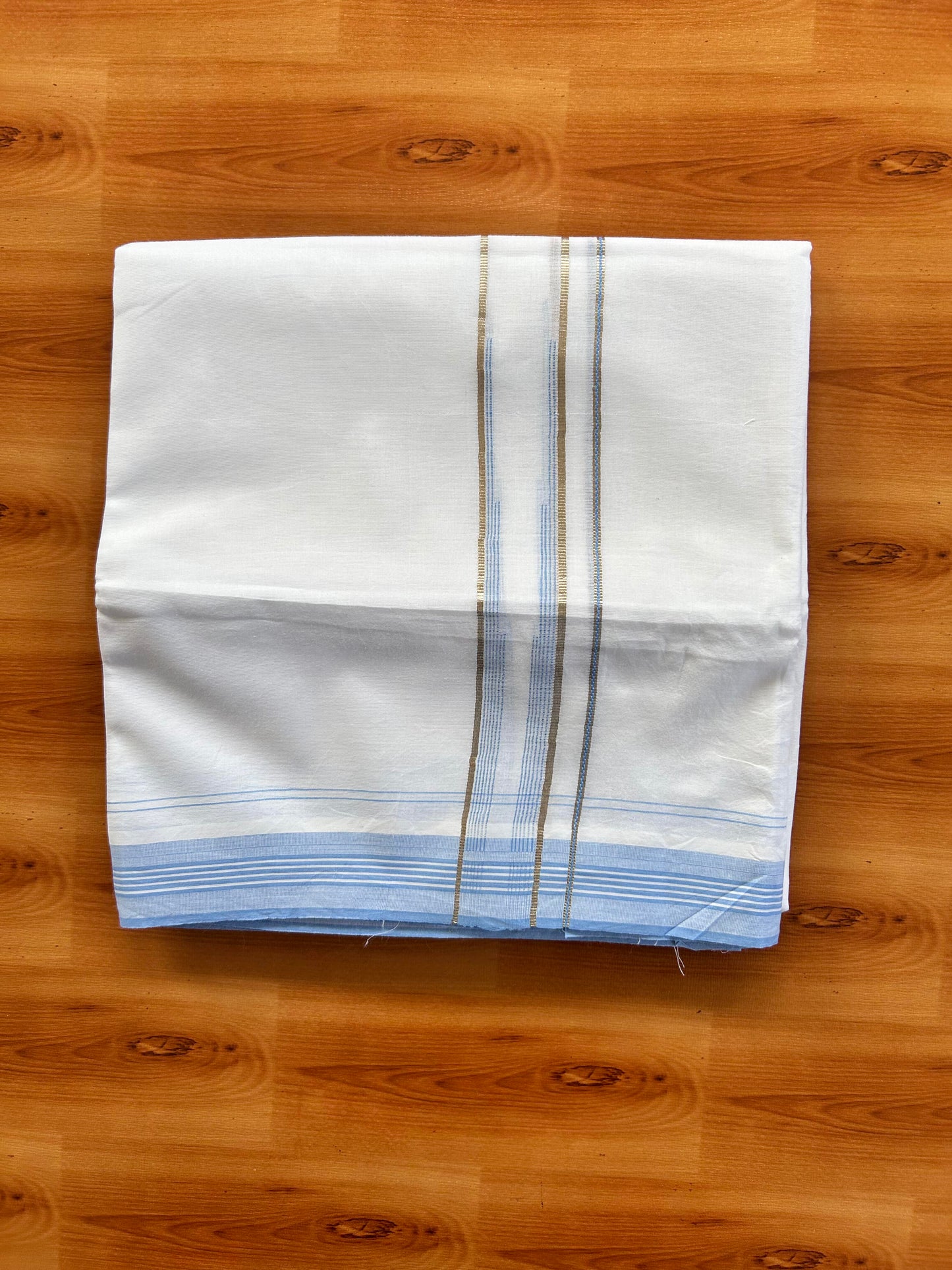 Pure white Double Mundu/Dhoti - 20% Discount! KaithariKada 100% Cotton - 100X80 - 1.25 inch Silver Kasav Light Sky Blue Stripes Chutty Kara - 3.90 mtr (8.5 muzham) - 18 KK5448 VIN
