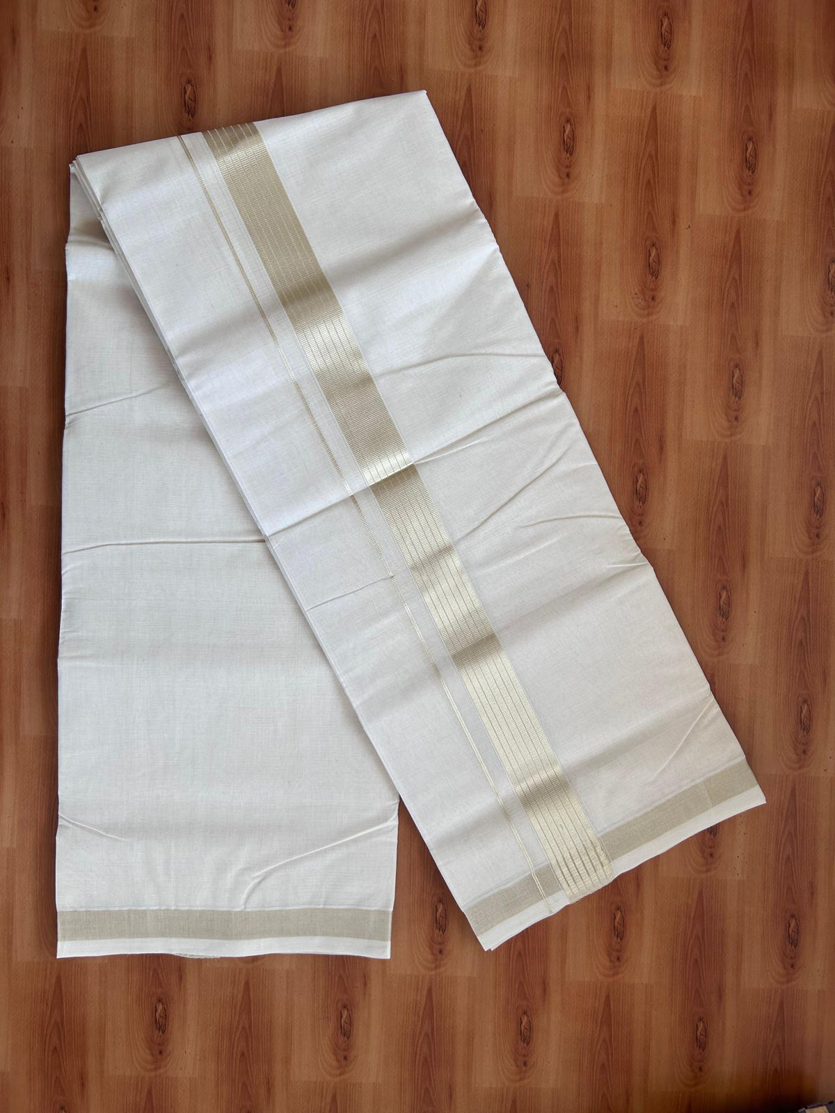 Off White (Unbleached) Double Mundu/Dhoti - 25% Discount! KaithariKada Handloom Millpaav - Kerala Handloom - 100% Pure Cotton - 80x90 - 1.5 inch Antique Light Gold Kasav striped Kara 4 Meters (8.5 Muzham) - 3 KK5512 RAM