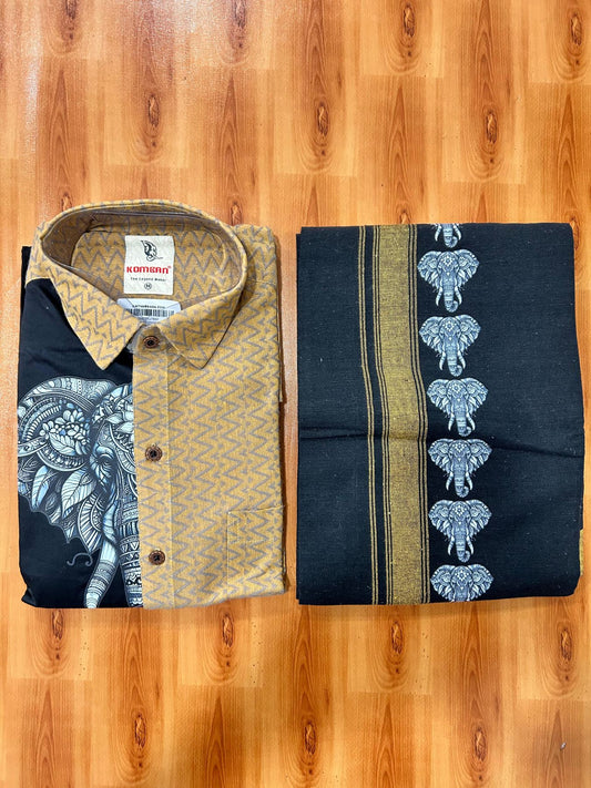 Combo Shirt Single Lungi - SIZE : M / 38 Full Sleeve - Mixed cotton - Brown Black Ash Pattern Shirt with 1 inch Sand Brown Kara & Elephant Printed Lungi - 4 KK7053 KUT