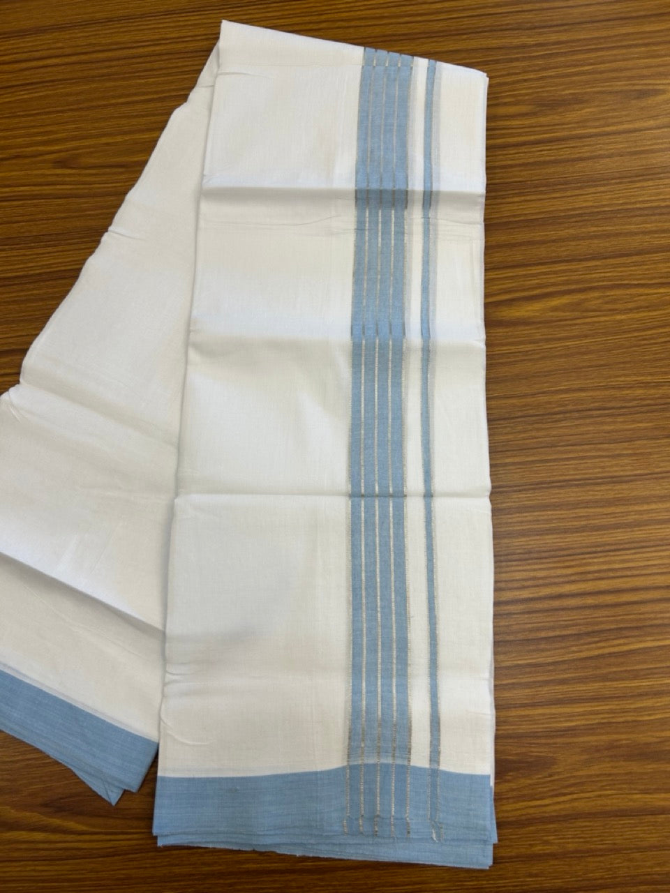 Linen Dhoti New! 20% Discount from Kaitharikada.com - Double Mundu/Dhoti 80x90 Thread Pure White - Pure Cotton + Linen - 1.75 Inch Light Blue & Silver kasav Striped Kara 4 mtr (8.5 muzham) - 6 KK5299 THI