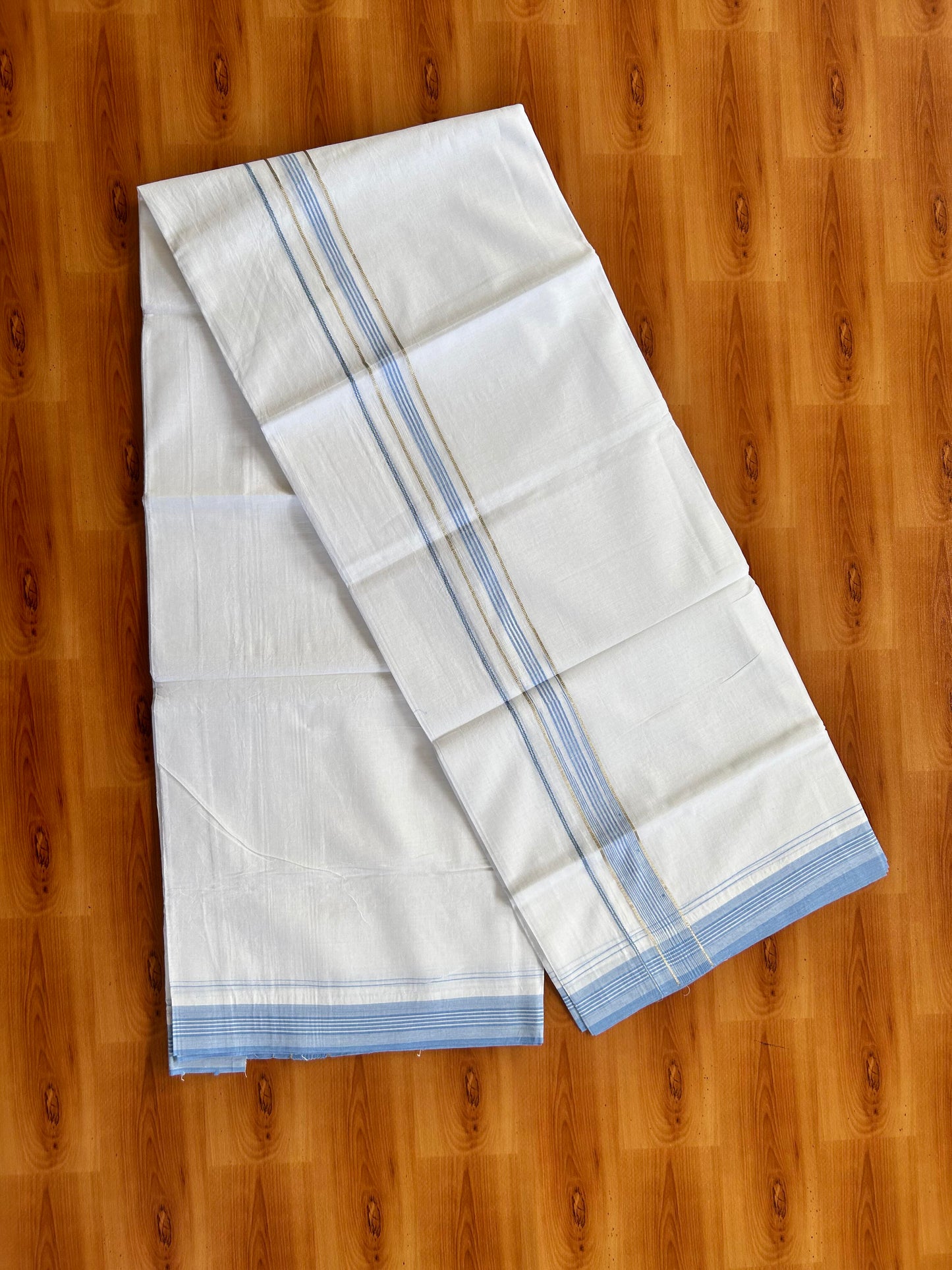 Pure white Double Mundu/Dhoti - 20% Discount! KaithariKada 100% Cotton - 100X80 - 1 inch Silver Kasav Light Sky Blue Stripes Chutty Kara - 3.90 mtr (8.5 muzham) - 19 KK5448 VIN