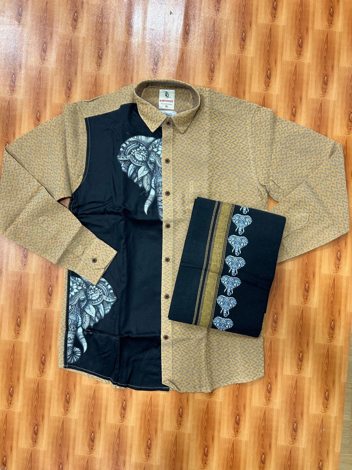 Combo Shirt Single Lungi - SIZE : M / 38 Full Sleeve - Mixed cotton - Brown Black Ash Pattern Shirt with 1 inch Sand Brown Kara & Elephant Printed Lungi - 4 KK7053 KUT