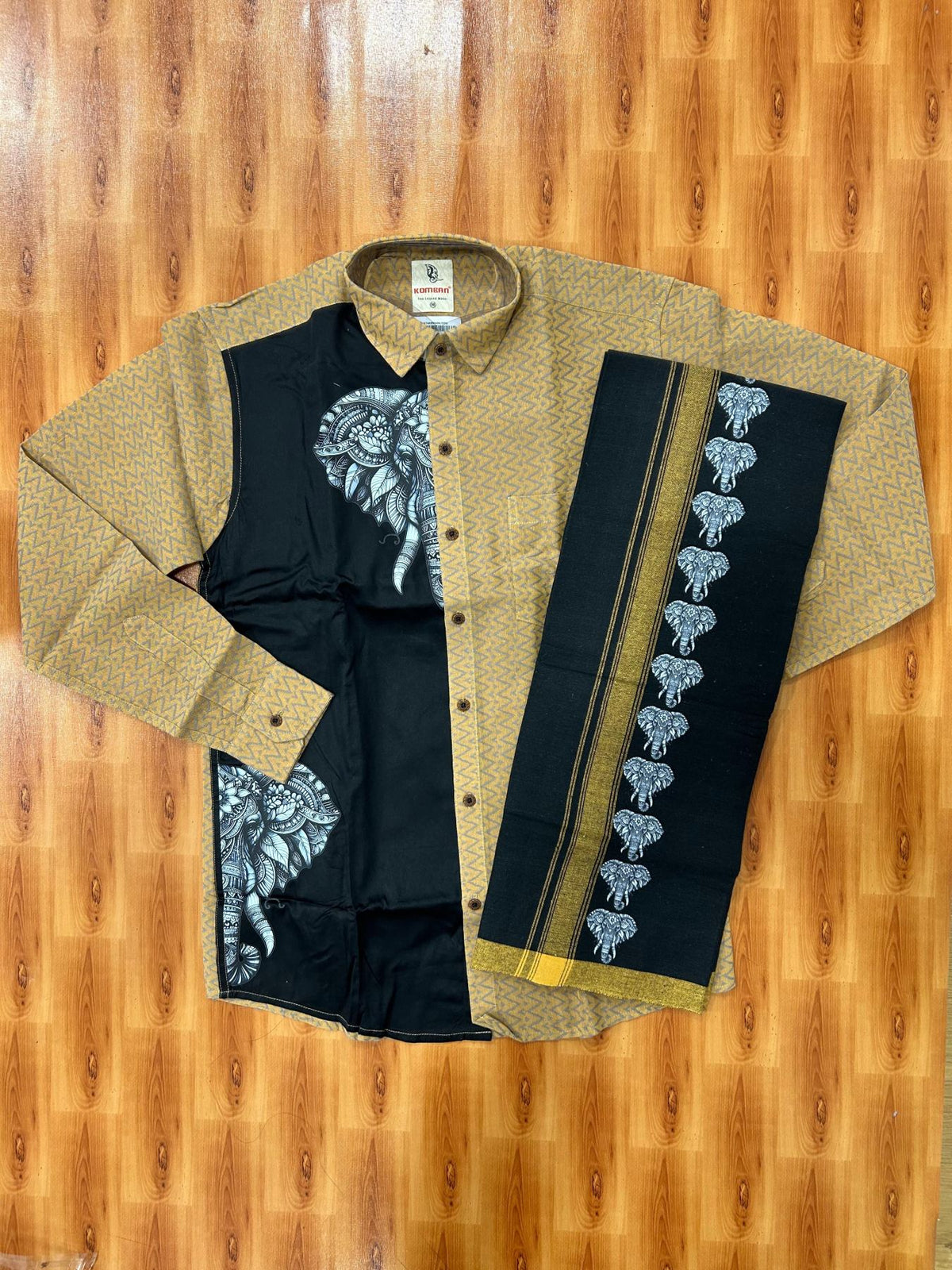 Combo Shirt Single Lungi - SIZE : M / 38 Full Sleeve - Mixed cotton - Brown Black Ash Pattern Shirt with 1 inch Sand Brown Kara & Elephant Printed Lungi - 4 KK7053 KUT