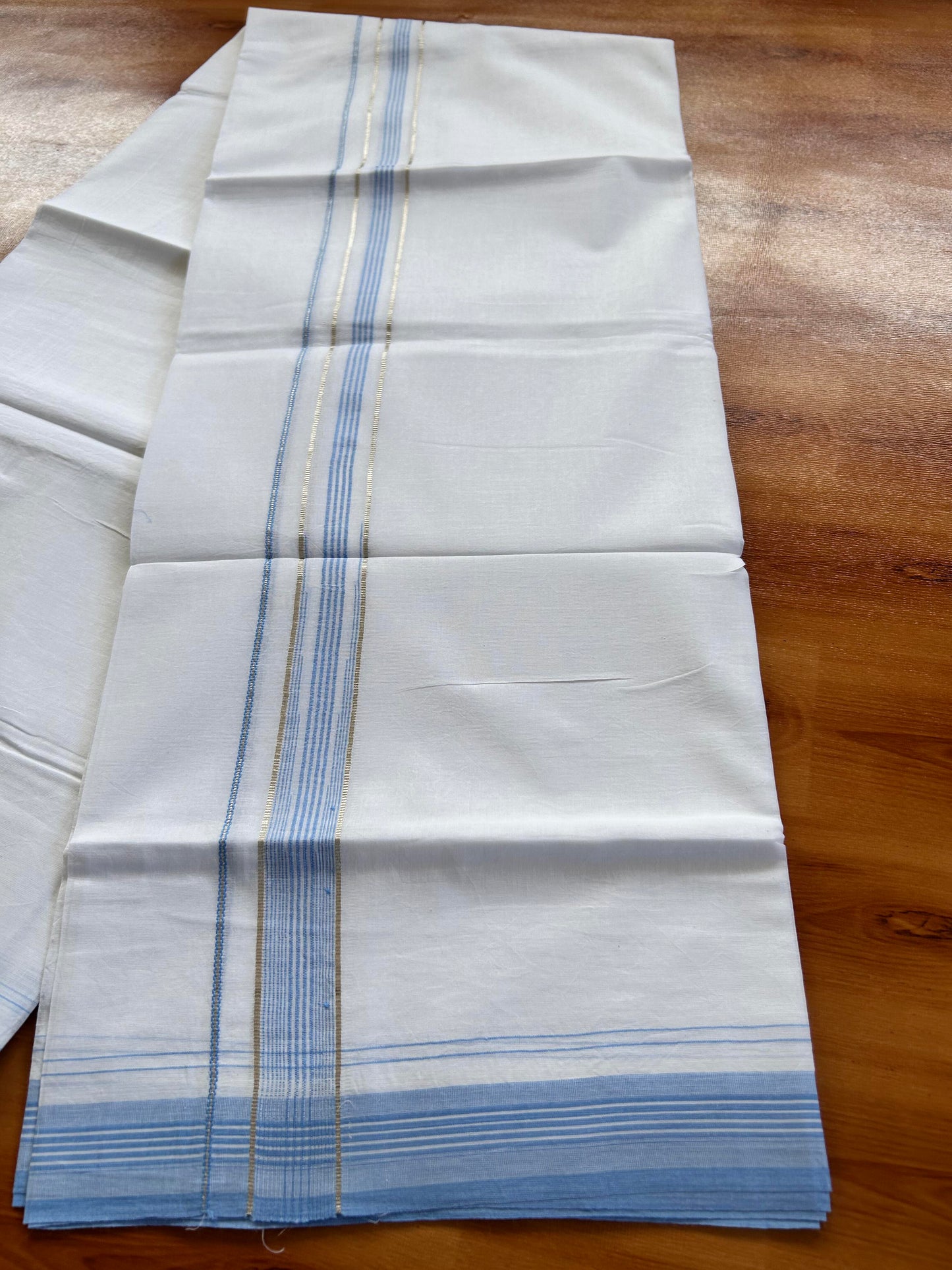 Pure white Double Mundu/Dhoti - 20% Discount! KaithariKada 100% Cotton - 100X80 - 1 inch Silver Kasav Light Sky Blue Stripes Chutty Kara - 3.90 mtr (8.5 muzham) - 19 KK5448 VIN