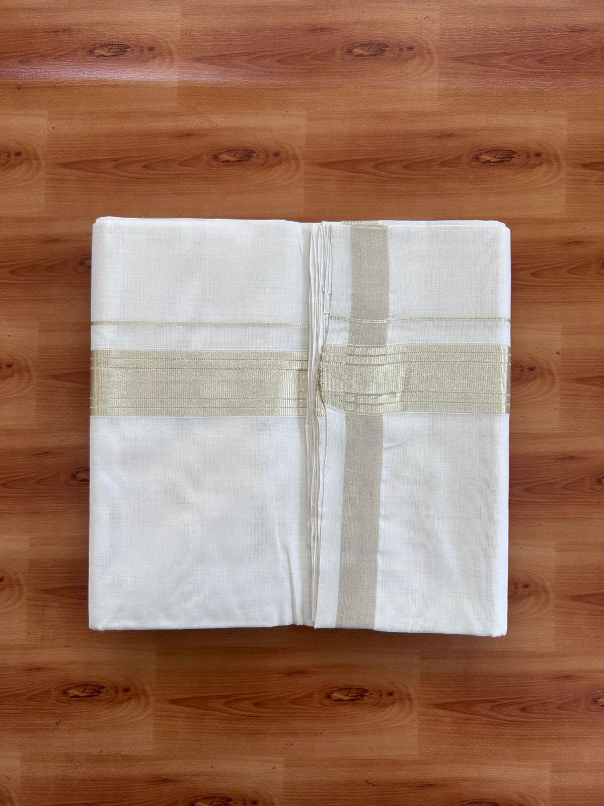 Off White (Unbleached) Double Mundu/Dhoti - 25% Discount! KaithariKada Handloom Millpaav - Kerala Handloom - 100% Pure Cotton - 80x90 - 1.5 inch Antique Light Gold Kasav striped Kara 4 Meters (8.5 Muzham) - 4 KK5512 RAM