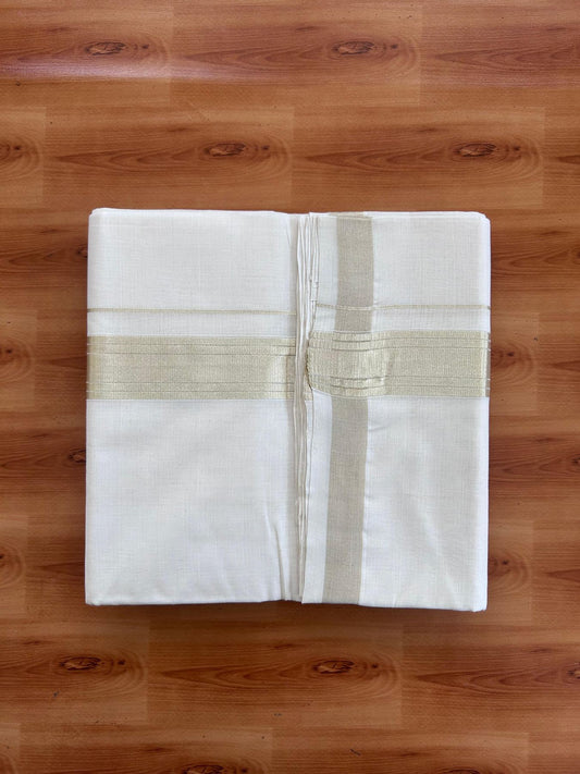 Off White (Unbleached) Double Mundu/Dhoti - 25% Discount! KaithariKada Handloom Millpaav - Kerala Handloom - 100% Pure Cotton - 80x90 - 1.5 inch Antique Light Gold Kasav striped Kara 4 Meters (8.5 Muzham) - 4 KK5512 RAM