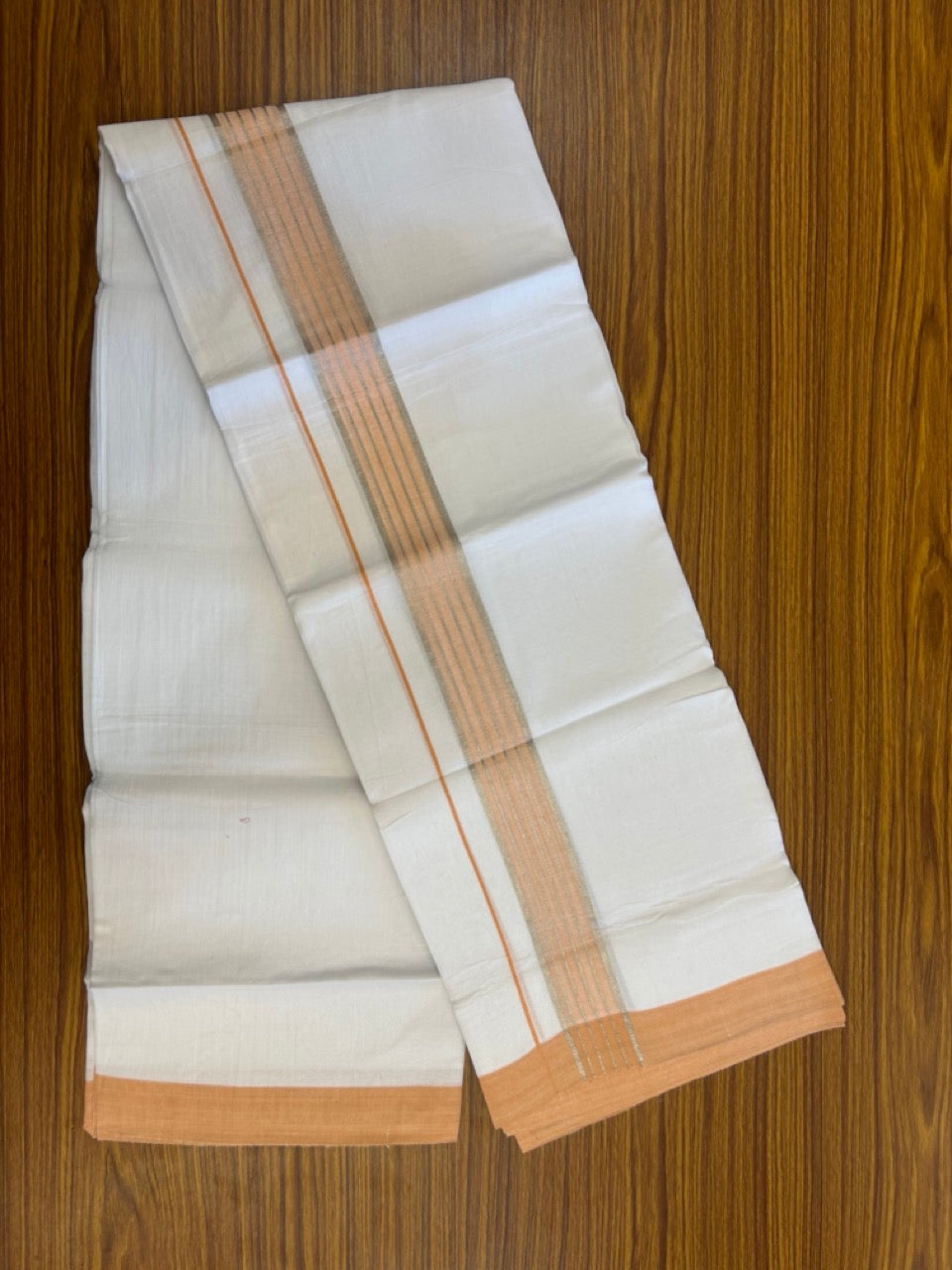 Linen Dhoti New! 20% Discount from Kaitharikada.com - Double Mundu/Dhoti 80x90 Thread Pure White - Pure Cotton + Linen - 1.75 Inch Peach Orange & Silver kasav Striped Kara 4 mtr (8.5 muzham) - 8 KK5299 THI