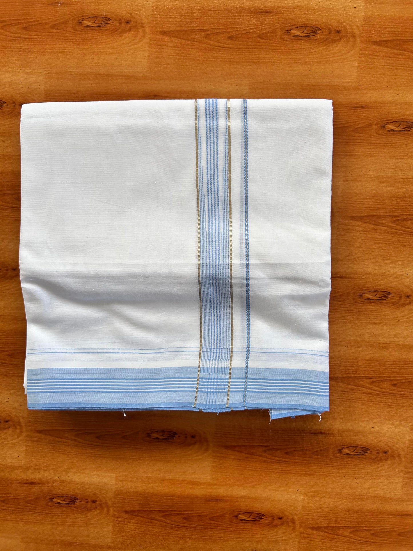 Pure white Double Mundu/Dhoti - 20% Discount! KaithariKada 100% Cotton - 100X80 - 1 inch Silver Kasav Light Sky Blue Stripes Chutty Kara - 3.90 mtr (8.5 muzham) - 19 KK5448 VIN