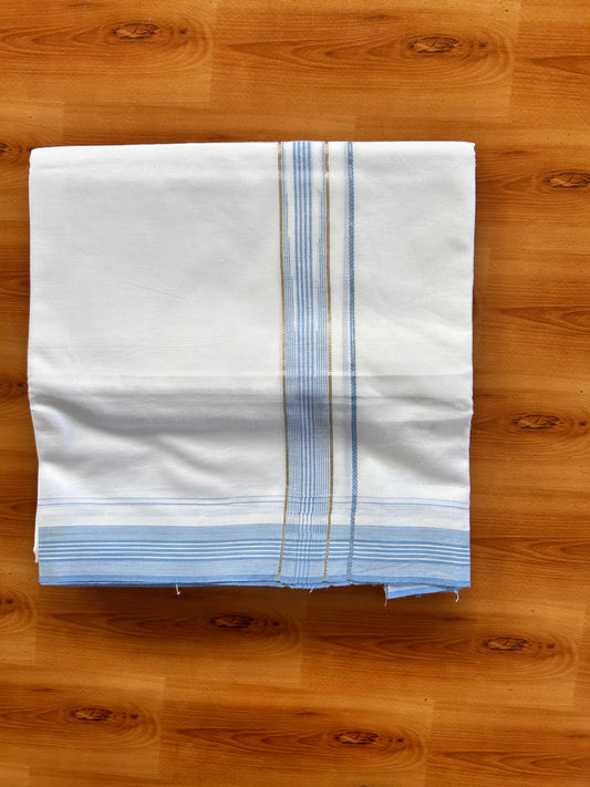 Pure white Double Mundu/Dhoti - 20% Discount! KaithariKada 100% Cotton - 100X80 - 1 inch Silver Kasav Light Sky Blue Stripes Chutty Kara - 3.90 mtr (8.5 muzham) - 19 KK5448 VIN
