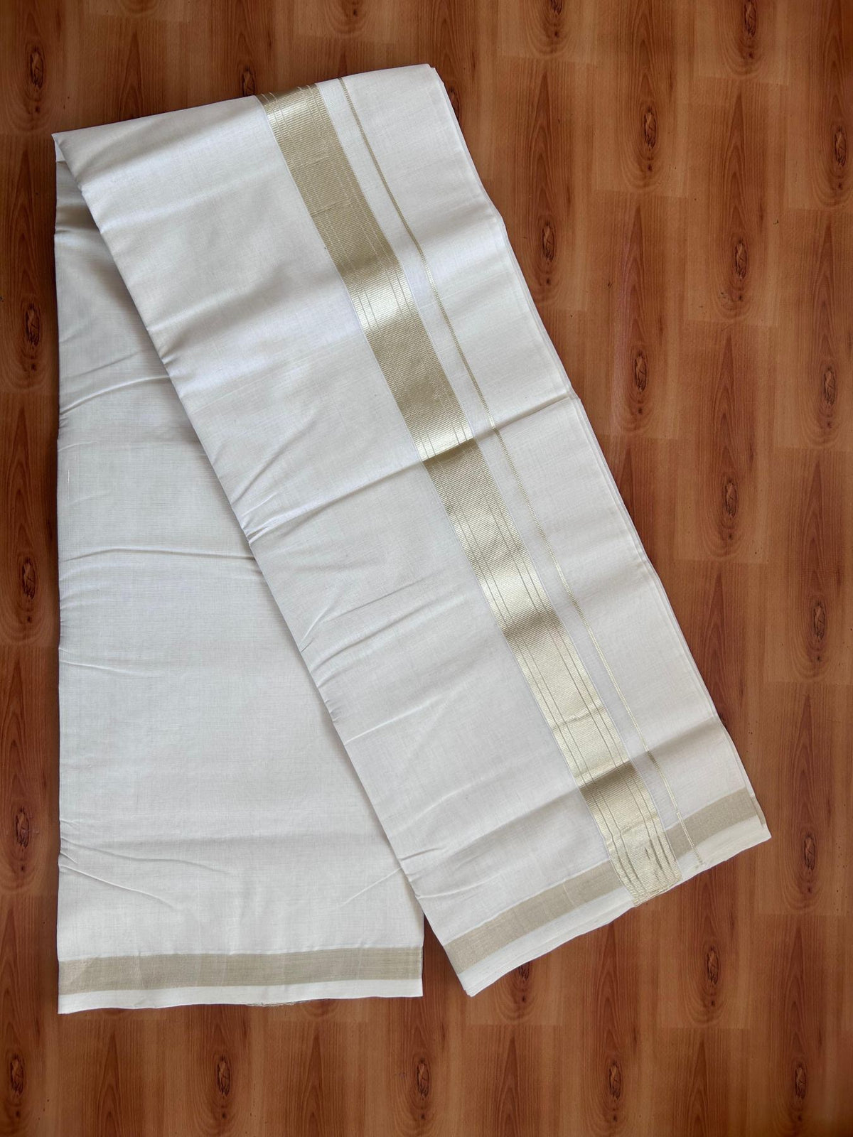 Off White (Unbleached) Double Mundu/Dhoti - 25% Discount! KaithariKada Handloom Millpaav - Kerala Handloom - 100% Pure Cotton - 80x90 - 1.5 inch Antique Light Gold Kasav striped Kara 4 Meters (8.5 Muzham) - 4 KK5512 RAM