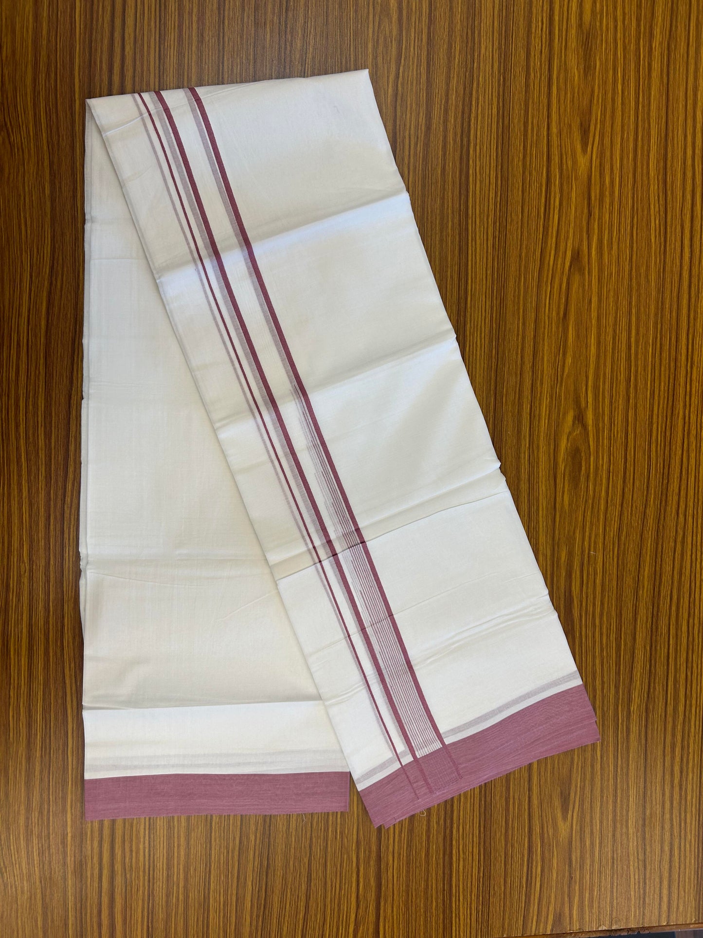 20% Discount ! Kaitharikada Balaramapuram 100% Pure Cotton Double Pure White Mundu/Dhoti - 100x80 - 1.25 inch Dark Pink shaded striped chutty 3.90 mtr (8.5 muzham) - 107 KK5361 PMC