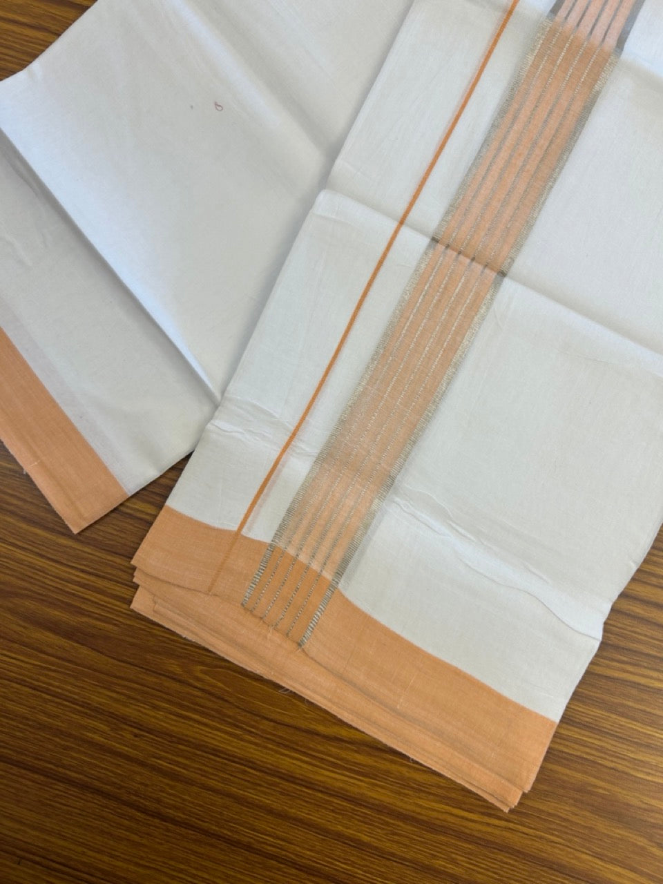 Linen Dhoti New! 20% Discount from Kaitharikada.com - Double Mundu/Dhoti 80x90 Thread Pure White - Pure Cotton + Linen - 1.75 Inch Peach Orange & Silver kasav Striped Kara 4 mtr (8.5 muzham) - 8 KK5299 THI