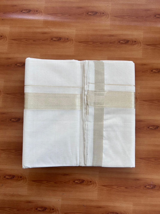 Off White (Unbleached) Double Mundu/Dhoti - 25% Discount! KaithariKada Handloom Millpaav - Kerala Handloom - 100% Pure Cotton - 80x90 - 1.5 inch Antique Light Gold Kasav striped Kara 4 Meters (8.5 Muzham) - 5 KK5512 RAM