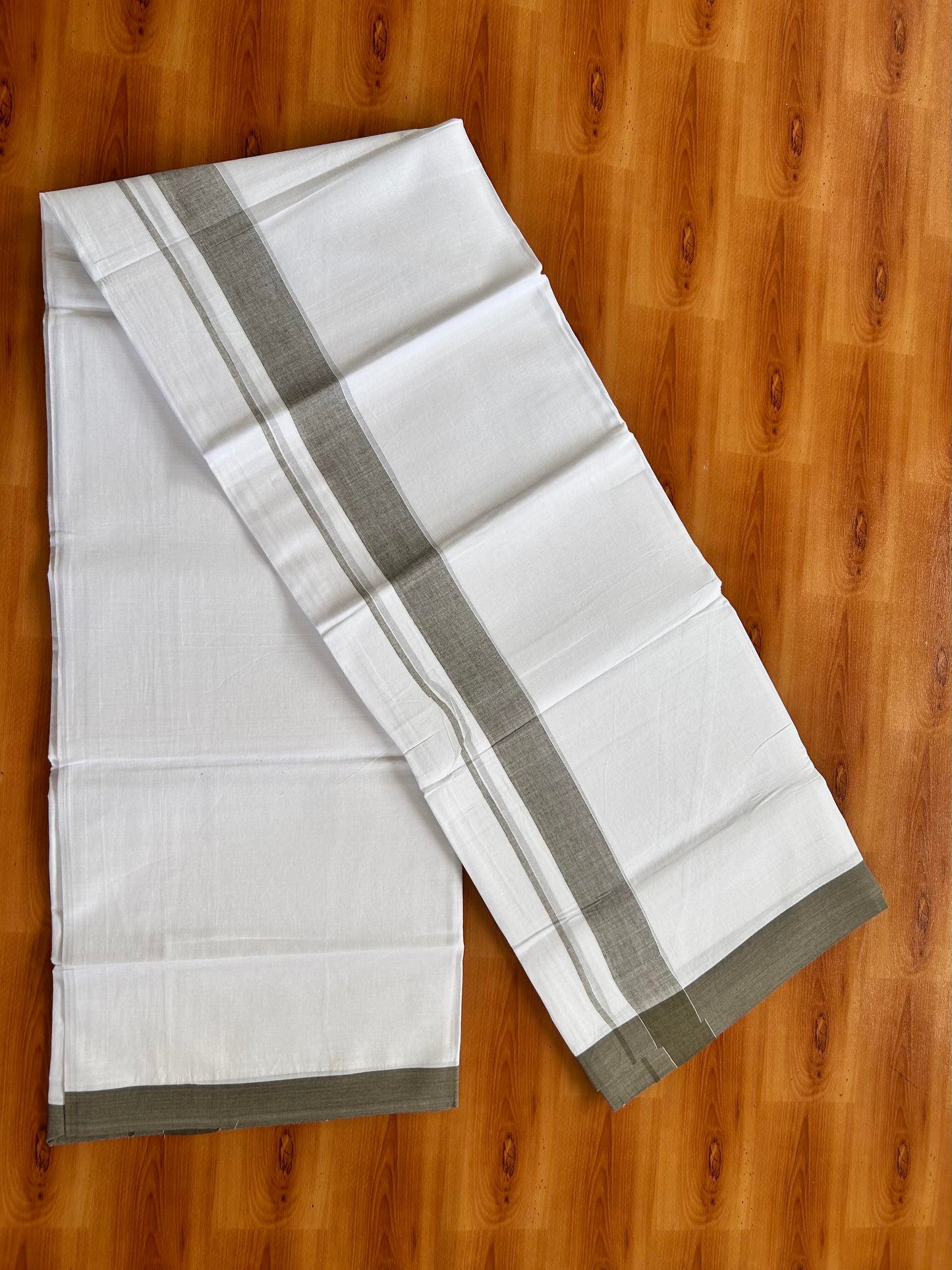Double Pure White Mundu/Dhoti- 20% Discount ! Kaitharikada Balaramapuram 100% Pure Cotton - 100x80 - 1.25 Inch Dark Ash Green Shaded Kara 3.90 mtr (8 muzham) - 45 KK5444 VIN