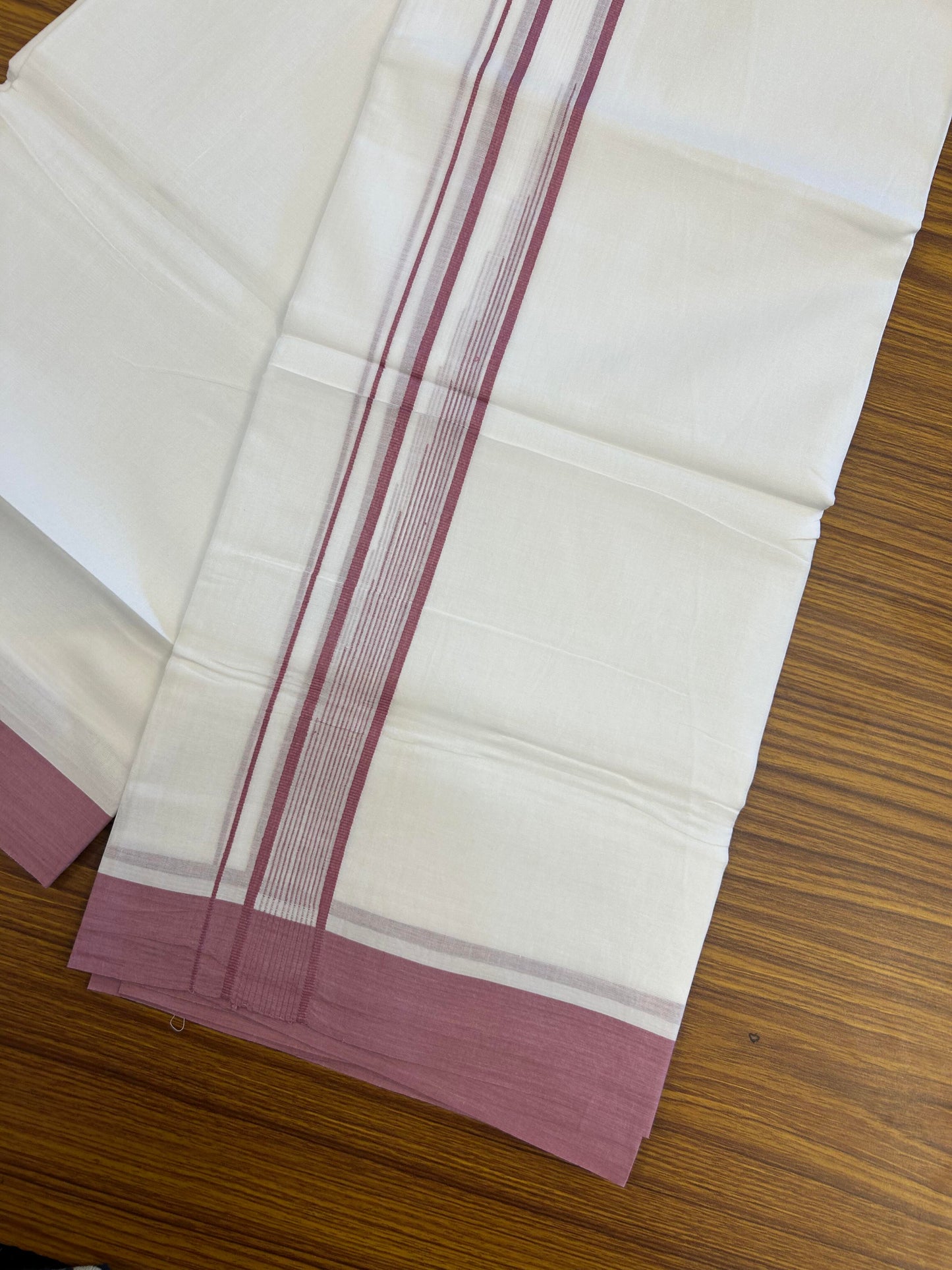 20% Discount ! Kaitharikada Balaramapuram 100% Pure Cotton Double Pure White Mundu/Dhoti - 100x80 - 1.25 inch Dark Pink shaded striped chutty 3.90 mtr (8.5 muzham) - 107 KK5361 PMC