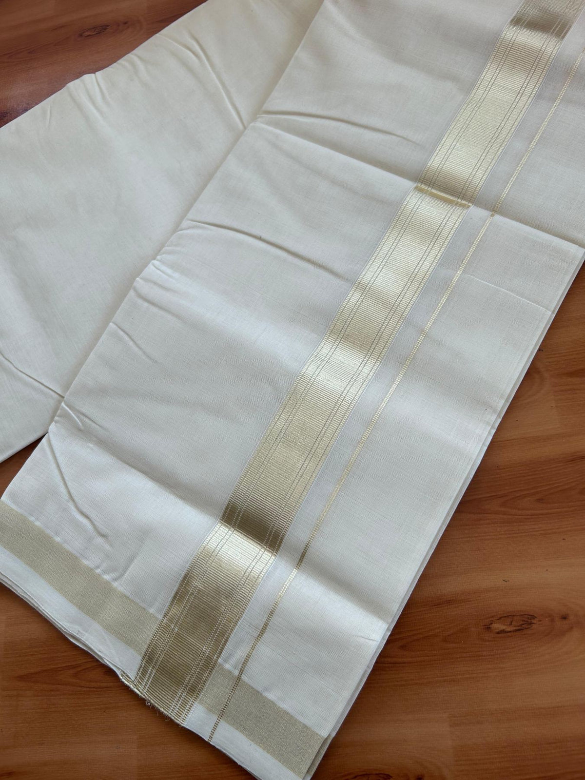 Off White (Unbleached) Double Mundu/Dhoti - 25% Discount! KaithariKada Handloom Millpaav - Kerala Handloom - 100% Pure Cotton - 80x90 - 1.5 inch Antique Light Gold Kasav striped Kara 4 Meters (8.5 Muzham) - 5 KK5512 RAM