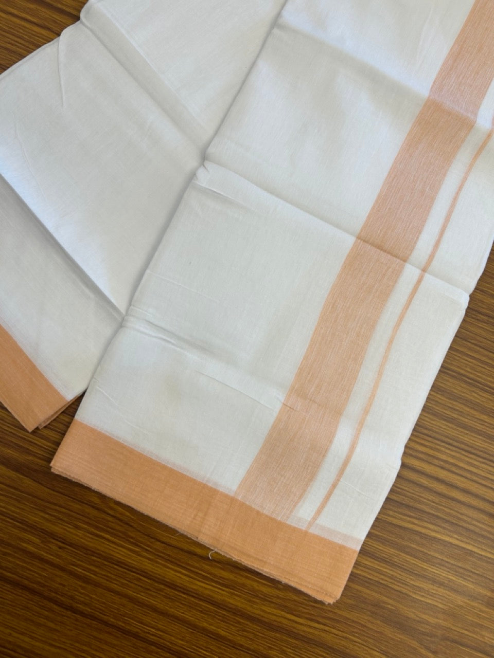 Linen Dhoti New! 20% Discount from Kaitharikada.com - Double Mundu/Dhoti 80x90 Thread Pure White - Pure Cotton + Linen - 1.75 Inch Peach Oange Shaded Kara 4 mtr (8.5 muzham) - 15 KK5299 THI