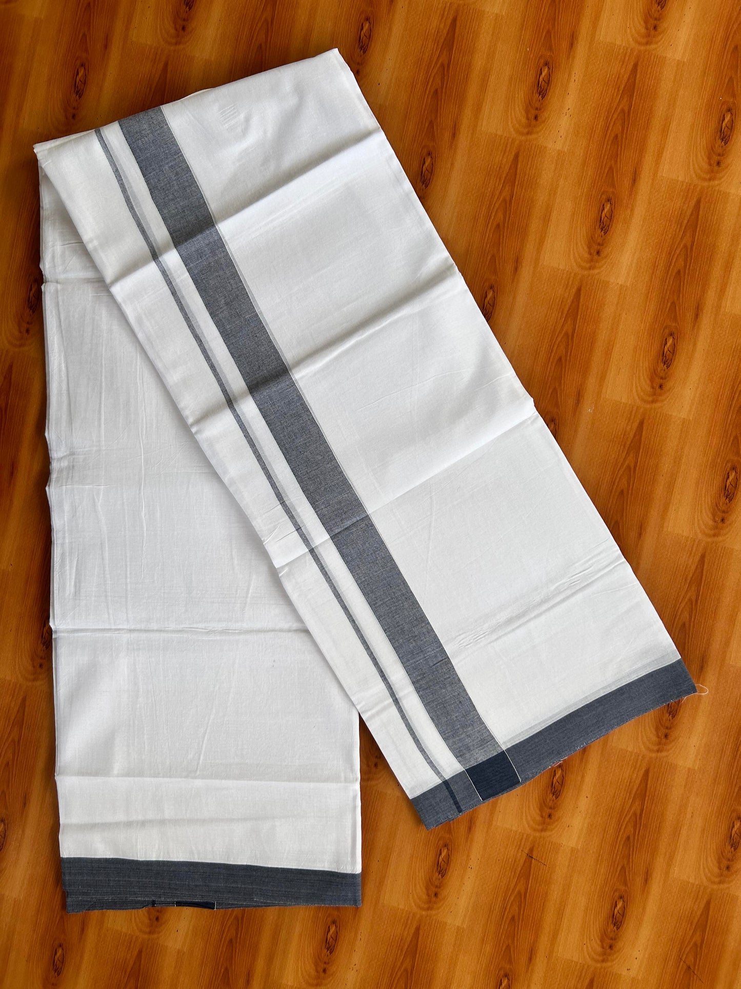 Double Pure White Mundu/Dhoti- 20% Discount ! Kaitharikada Balaramapuram 100% Pure Cotton - 100x80 - 1.25 Inch Denim Blue Shaded Kara 3.90 mtr (8 muzham) - 49 KK5444 VIN