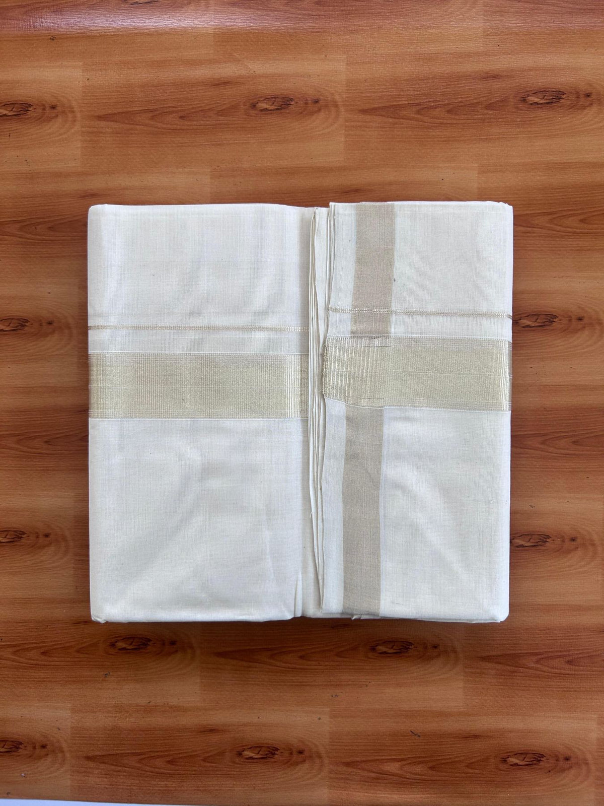 Off White (Unbleached) Double Mundu/Dhoti - 25% Discount! KaithariKada Handloom Millpaav - Kerala Handloom - 100% Pure Cotton - 80x90 - 1.5 inch Antique Light Gold Kasav striped Kara 4 Meters (8.5 Muzham) - 6 KK5512 RAM