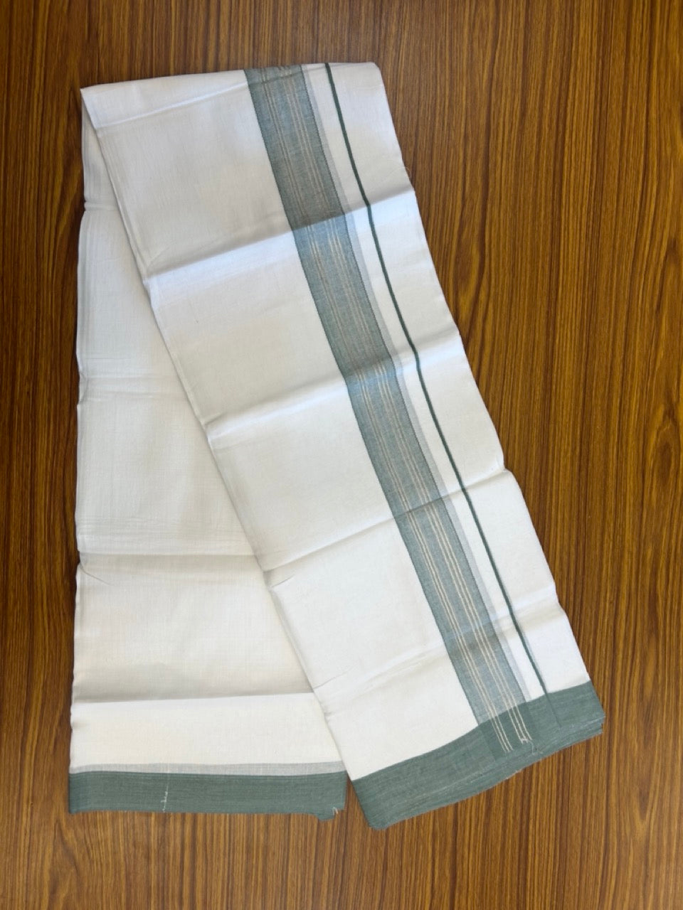 Linen Dhoti New! 20% Discount from Kaitharikada.com - Double Mundu/Dhoti 80x90 Thread Pure White - Pure Cotton + Linen - 1.75 Inch Light Sea Green & Silver kasav Striped Kara 4 mtr (8.5 muzham) - 2 KK5299 THI