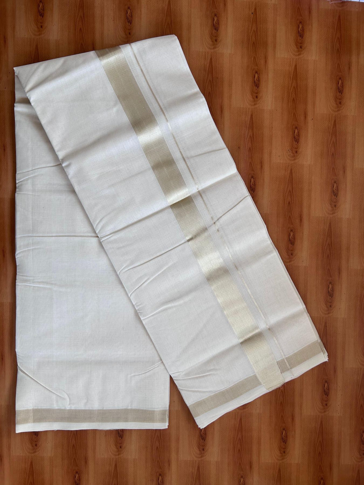 Off White (Unbleached) Double Mundu/Dhoti - 25% Discount! KaithariKada Handloom Millpaav - Kerala Handloom - 100% Pure Cotton - 80x90 - 1.5 inch Antique Light Gold Kasav striped Kara 4 Meters (8.5 Muzham) - 6 KK5512 RAM