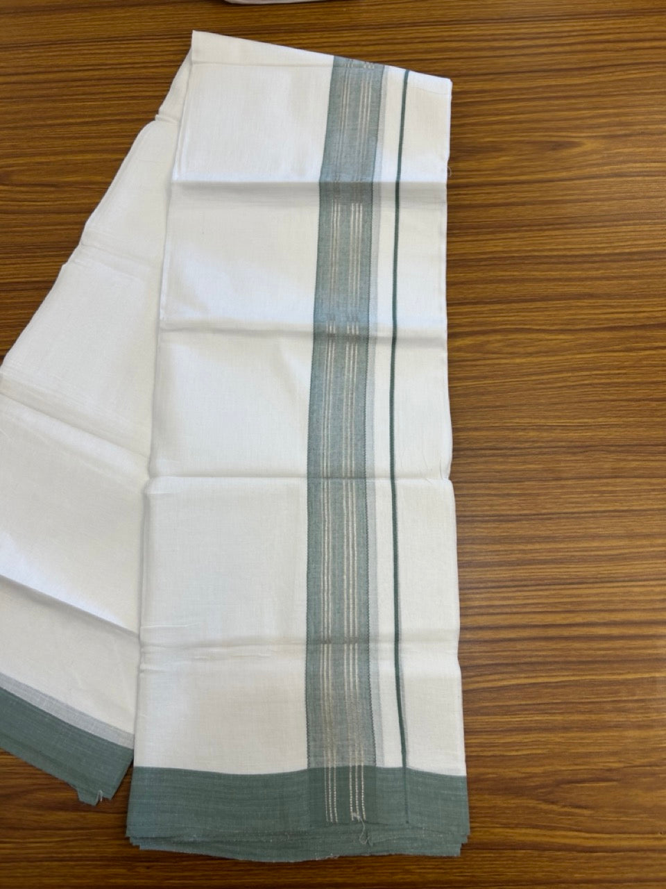 Linen Dhoti New! 20% Discount from Kaitharikada.com - Double Mundu/Dhoti 80x90 Thread Pure White - Pure Cotton + Linen - 1.75 Inch Light Sea Green & Silver kasav Striped Kara 4 mtr (8.5 muzham) - 2 KK5299 THI
