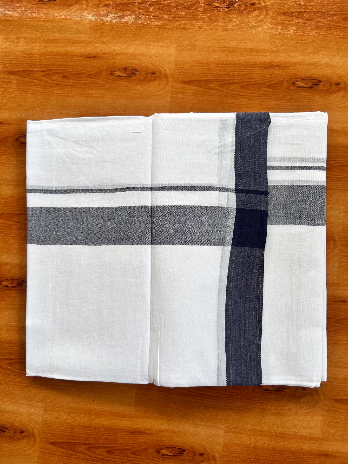 Double Pure White Mundu/Dhoti- 20% Discount ! Kaitharikada Balaramapuram 100% Pure Cotton - 100x80 - 1.25 Inch Navy Blue Shaded Kara 3.90 mtr (8 muzham) - 48 KK5444 VIN