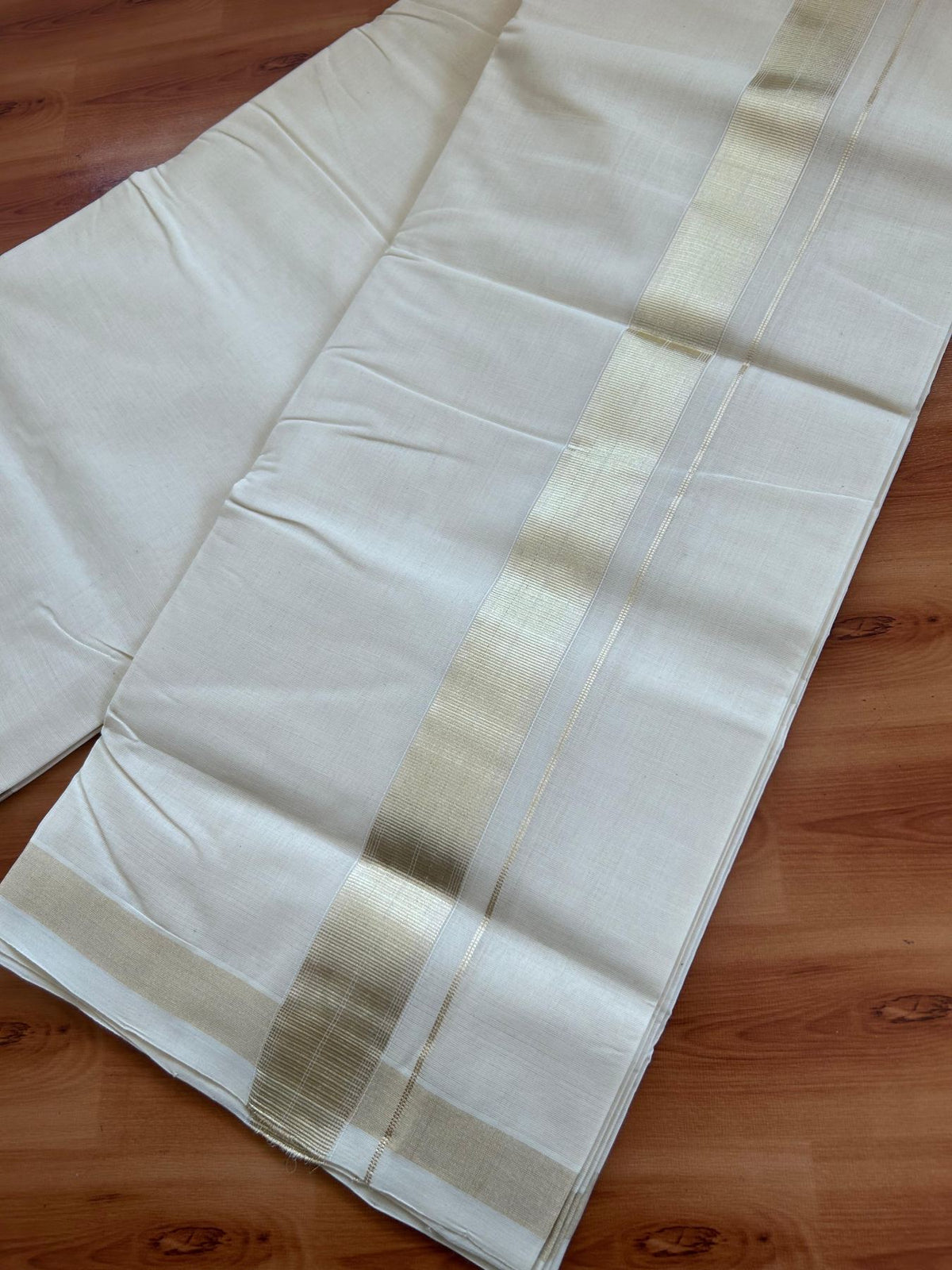 Off White (Unbleached) Double Mundu/Dhoti - 25% Discount! KaithariKada Handloom Millpaav - Kerala Handloom - 100% Pure Cotton - 80x90 - 1.5 inch Antique Light Gold Kasav striped Kara 4 Meters (8.5 Muzham) - 6 KK5512 RAM