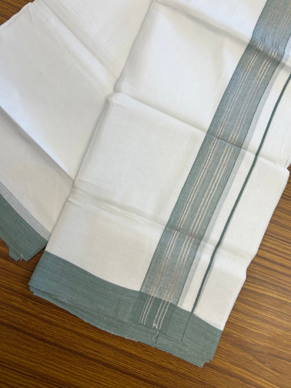 Linen Dhoti New! 20% Discount from Kaitharikada.com - Double Mundu/Dhoti 80x90 Thread Pure White - Pure Cotton + Linen - 1.75 Inch Light Sea Green & Silver kasav Striped Kara 4 mtr (8.5 muzham) - 2 KK5299 THI