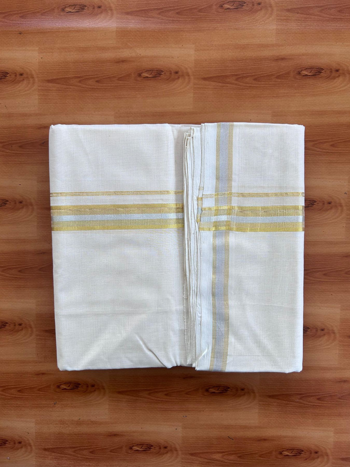 Off White (Unbleached) Double Mundu/Dhoti - 25% Discount! KaithariKada Handloom Millpaav - Kerala Handloom - 100% Pure Cotton - 80x90 - 1 inch Gold & Silver Kasav Kara 4 Meters (8.5 Muzham) - 7 KK5512 RAM