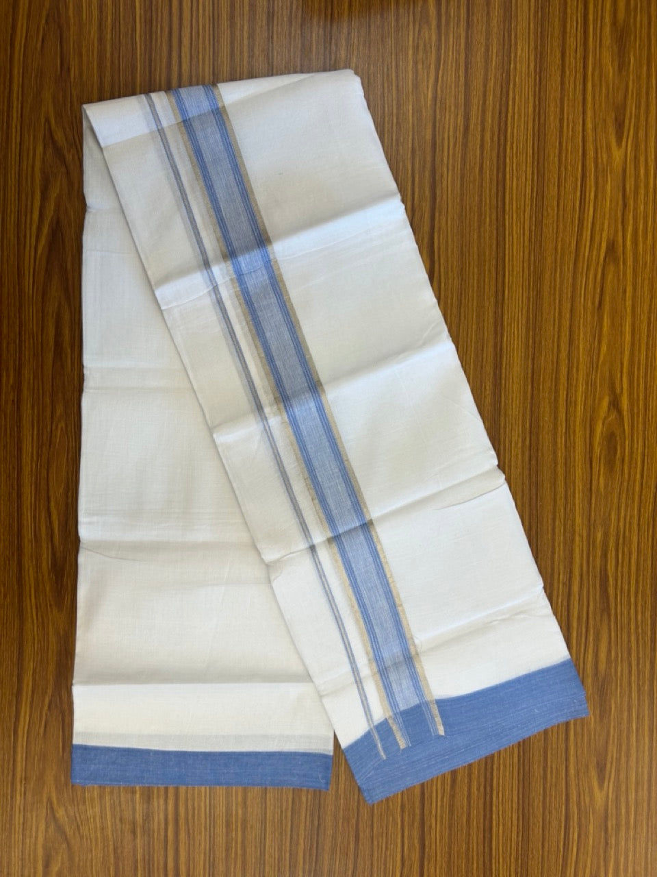 Linen Dhoti New! 20% Discount from Kaitharikada.com - Double Mundu/Dhoti 80x90 Thread Pure White - Pure Cotton + Linen - 1.75 Inch Blue & Silver Kasav Striped Kara 4 mtr (8.5 muzham) - 10 KK5299 THI