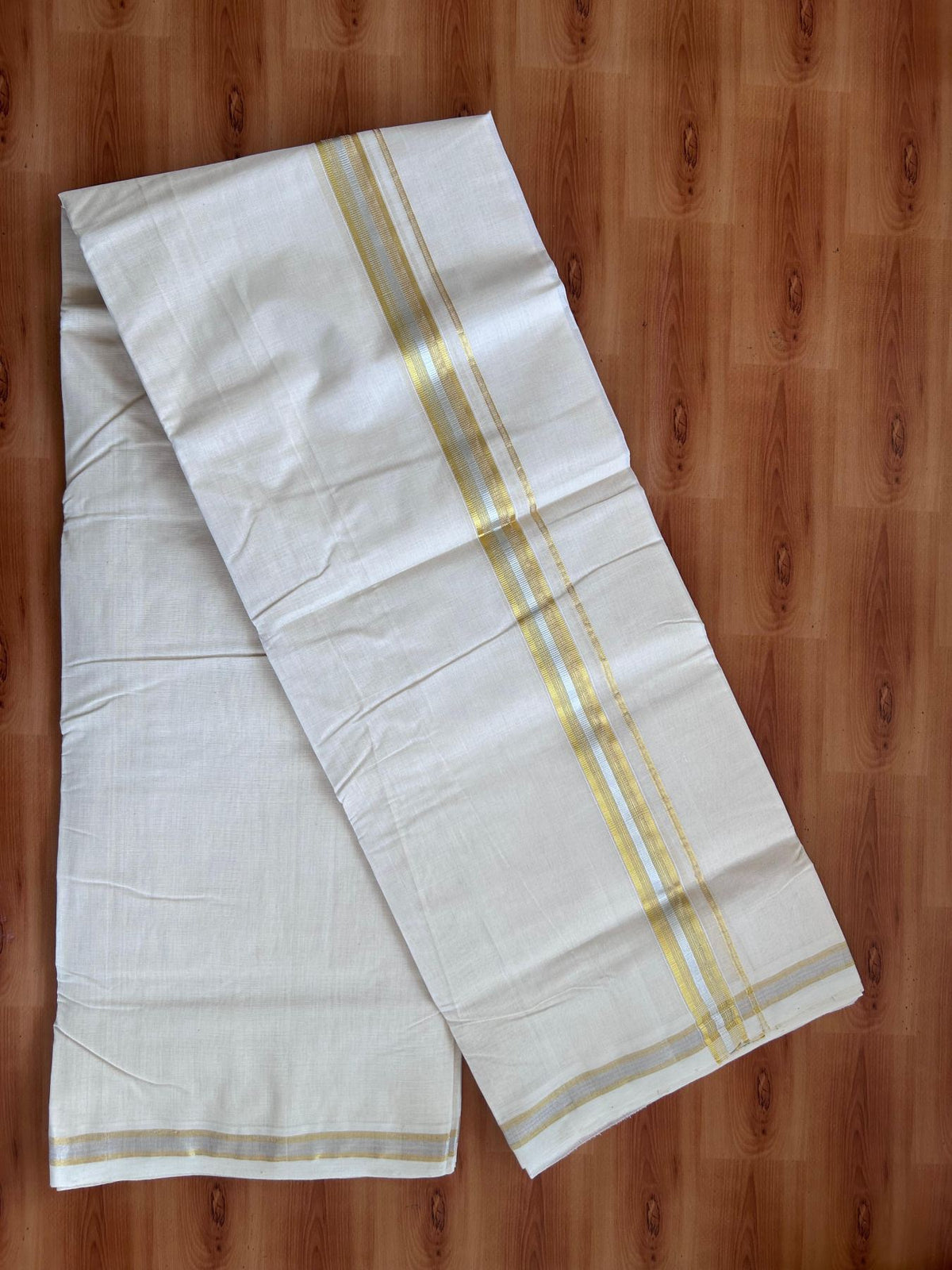 Off White (Unbleached) Double Mundu/Dhoti - 25% Discount! KaithariKada Handloom Millpaav - Kerala Handloom - 100% Pure Cotton - 80x90 - 1 inch Gold & Silver Kasav Kara 4 Meters (8.5 Muzham) - 7 KK5512 RAM