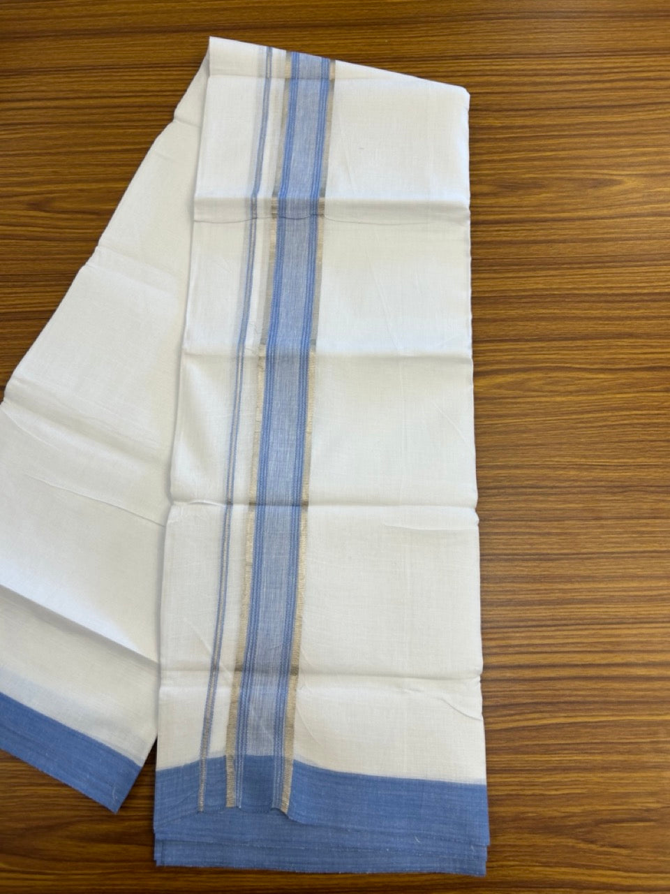 Linen Dhoti New! 20% Discount from Kaitharikada.com - Double Mundu/Dhoti 80x90 Thread Pure White - Pure Cotton + Linen - 1.75 Inch Blue & Silver Kasav Striped Kara 4 mtr (8.5 muzham) - 10 KK5299 THI