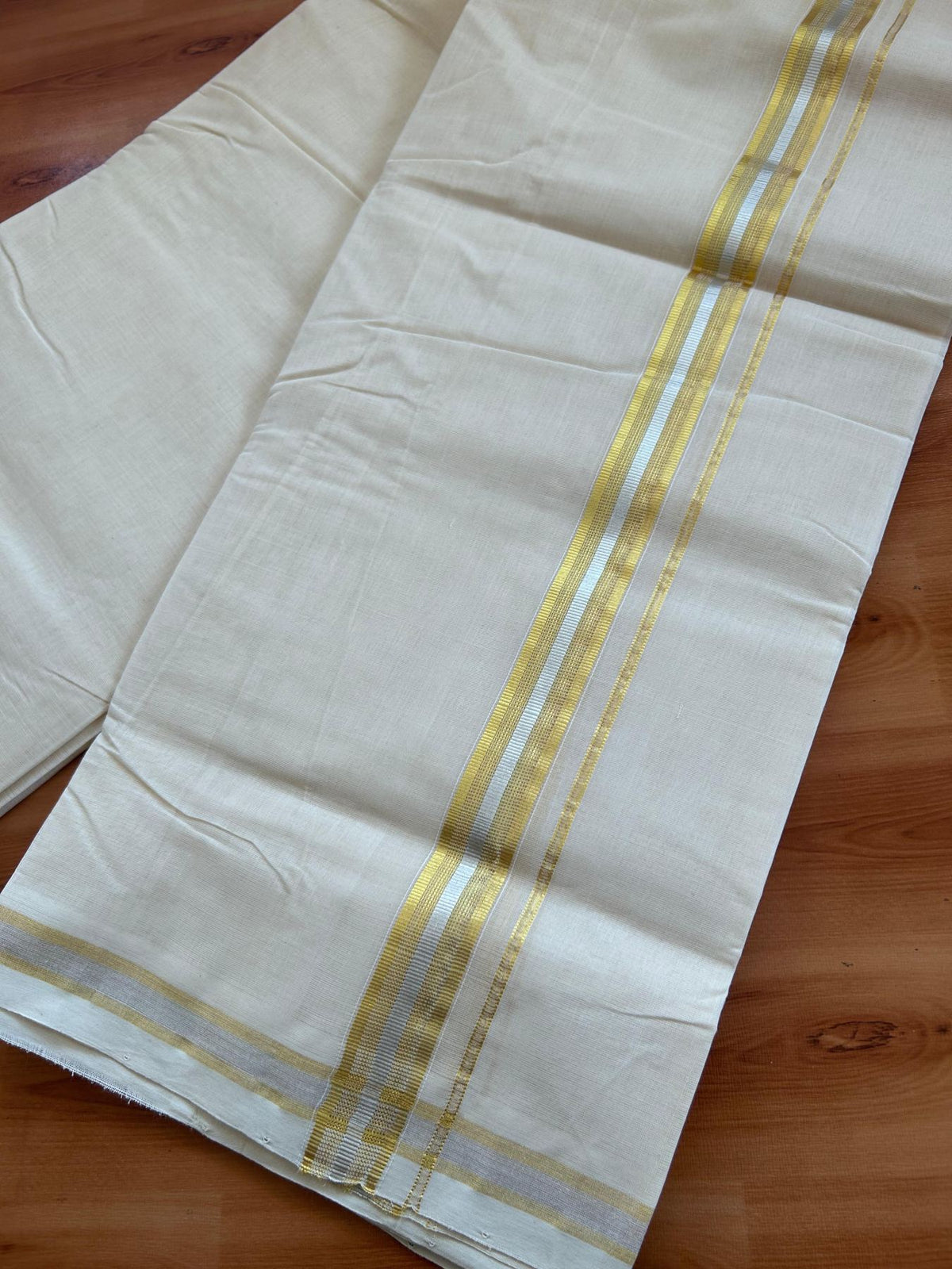 Off White (Unbleached) Double Mundu/Dhoti - 25% Discount! KaithariKada Handloom Millpaav - Kerala Handloom - 100% Pure Cotton - 80x90 - 1 inch Gold & Silver Kasav Kara 4 Meters (8.5 Muzham) - 7 KK5512 RAM
