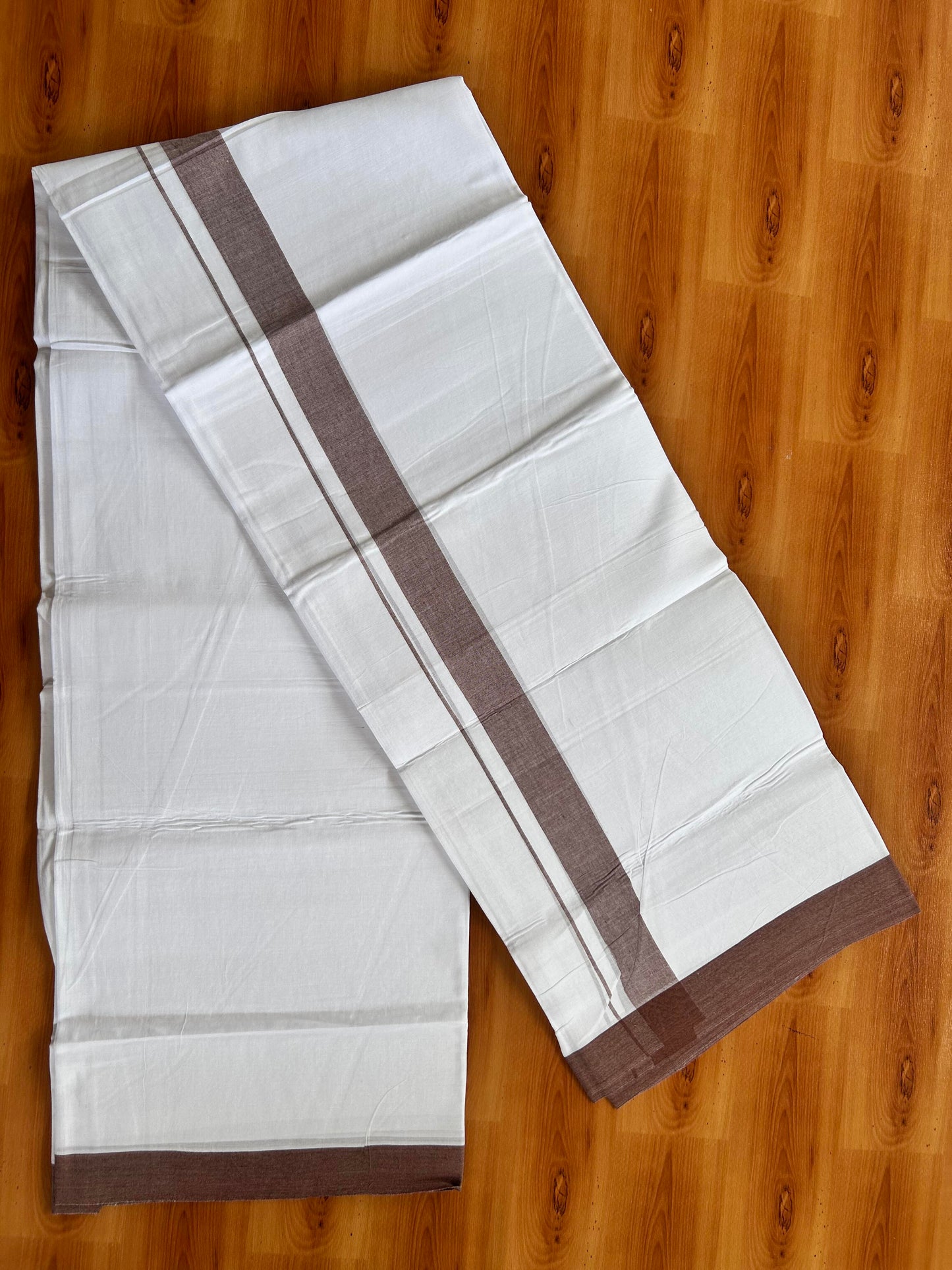 Double Pure White Mundu/Dhoti- 20% Discount ! Kaitharikada Balaramapuram 100% Pure Cotton - 100x80 - 1.25 Inch Chocolate Brown Shaded Kara 3.90 mtr (8 muzham) - 40 KK5444 VIN