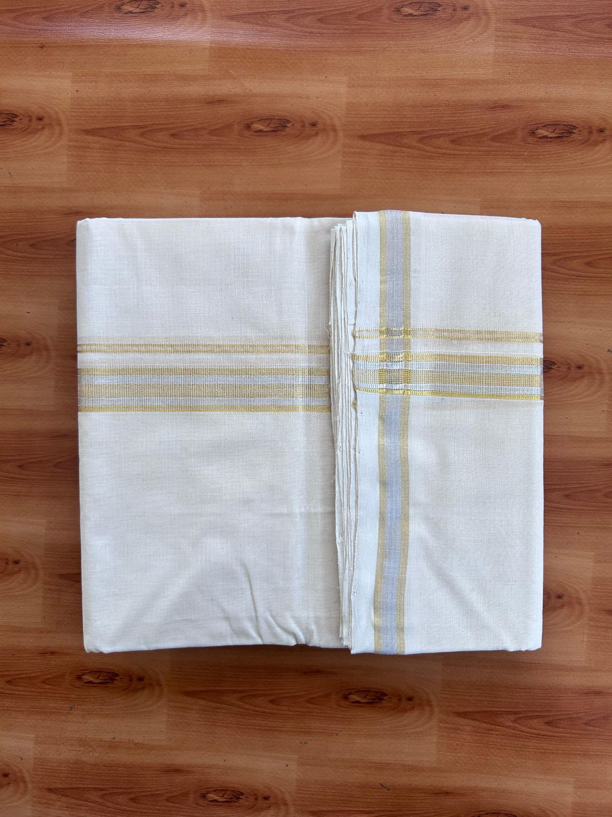 Off White (Unbleached) Double Mundu/Dhoti - 25% Discount! KaithariKada Handloom Millpaav - Kerala Handloom - 100% Pure Cotton - 80x90 - 1 inch Gold & Silver Kasav Kara 4 Meters (8.5 Muzham) - 8 KK5512 RAM